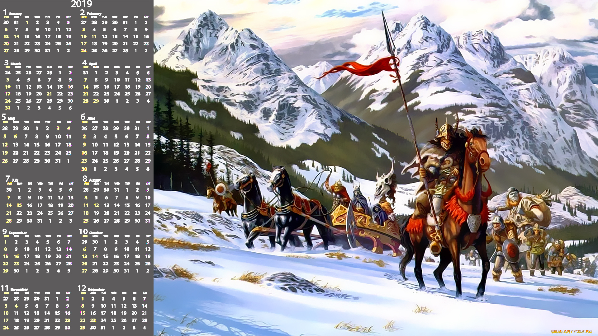 календари, фэнтези, люди, воин, оружие, конь, снег, гора, лошадь