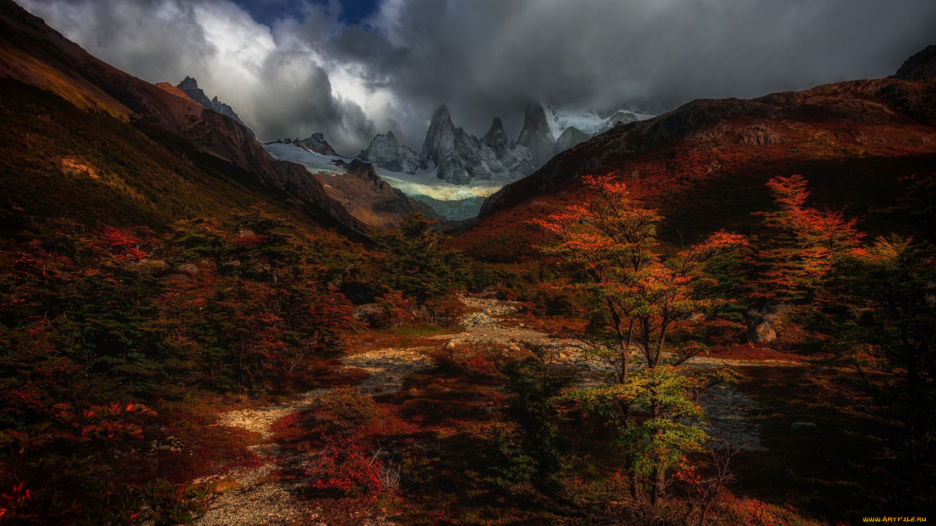 patagonia, , chile, природа, пейзажи, осень, горный, пейзаж, анды, закат, вечер, деревья, чили, патагония