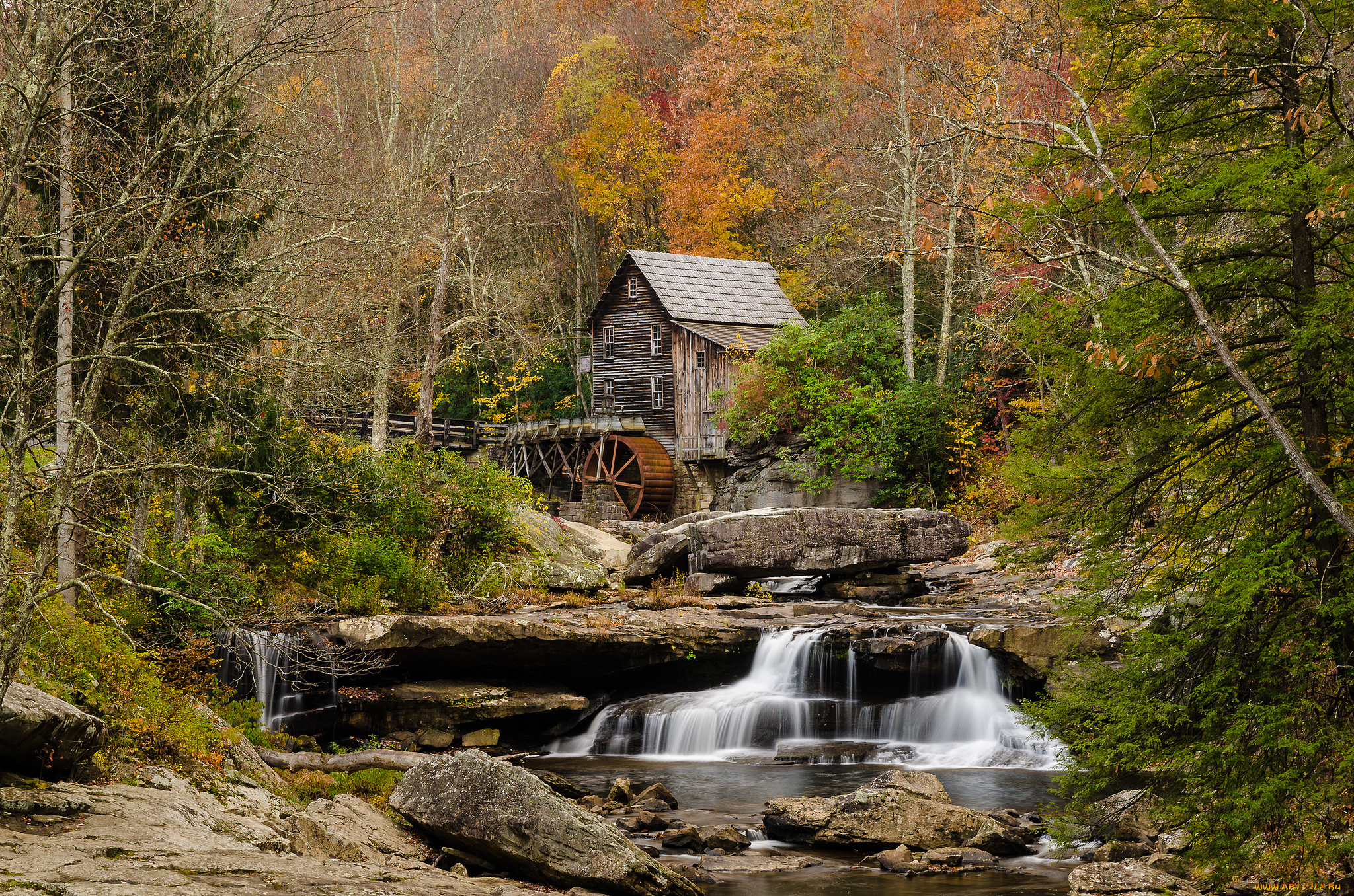 babcock, state, park, природа, пейзажи, водяная, мельница, река, каскад, деревья, пейзаж, лес