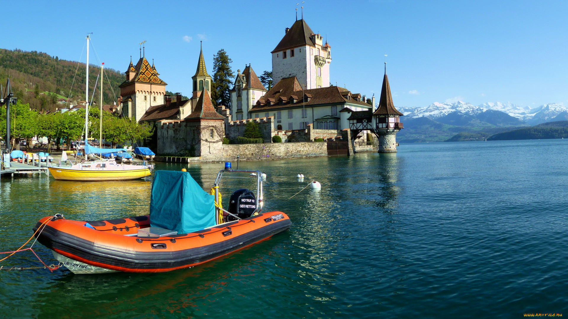 замок, oberhofen, switzerland, города, дворцы, замки, крепости, швейцария, озеро, лодка