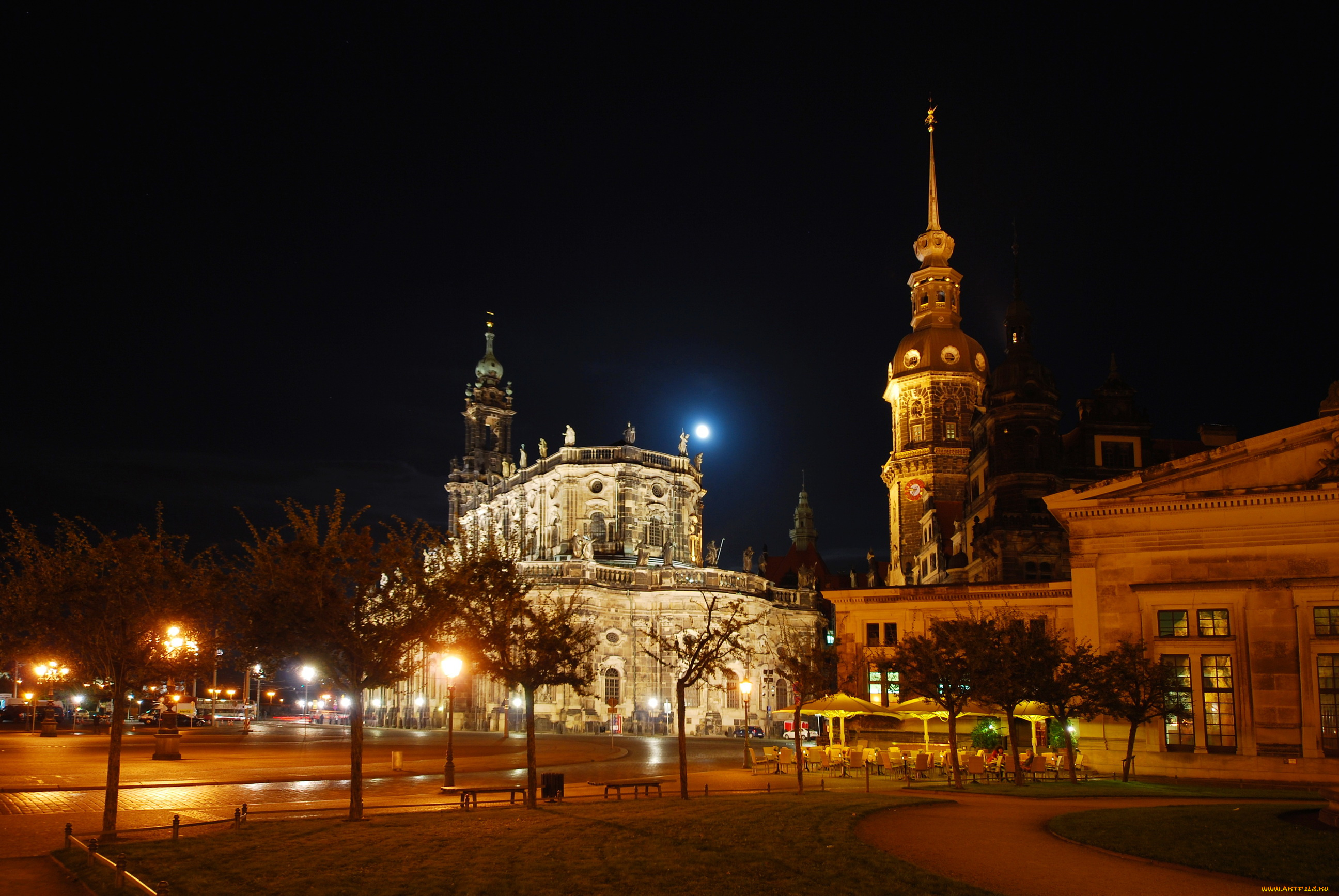 германия, саксония, дрезден, города, площадь, ночь, огни, дома, кирха