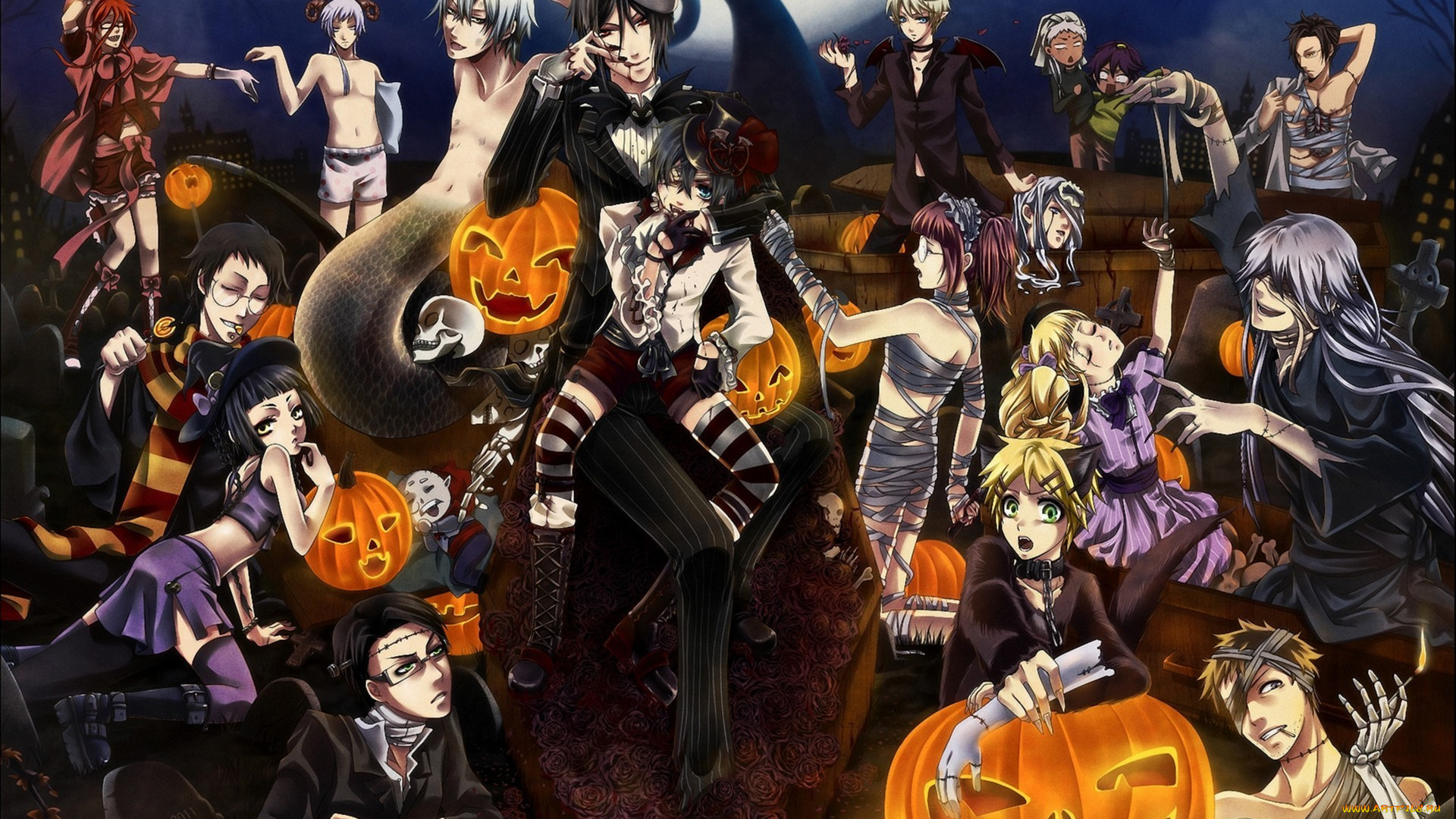 аниме, kuroshitsuji, хеллоуин, бинты, мумия, арт, праздник, тыквы, halloween, луна, ночь, череп, темный, дворецкий
