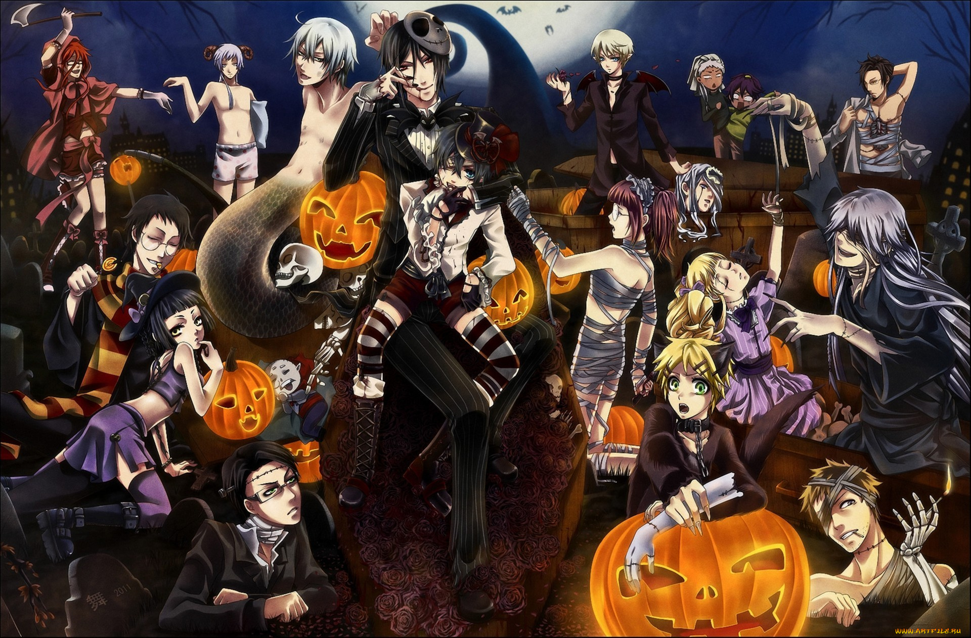 аниме, kuroshitsuji, хеллоуин, бинты, мумия, арт, праздник, тыквы, halloween, луна, ночь, череп, темный, дворецкий