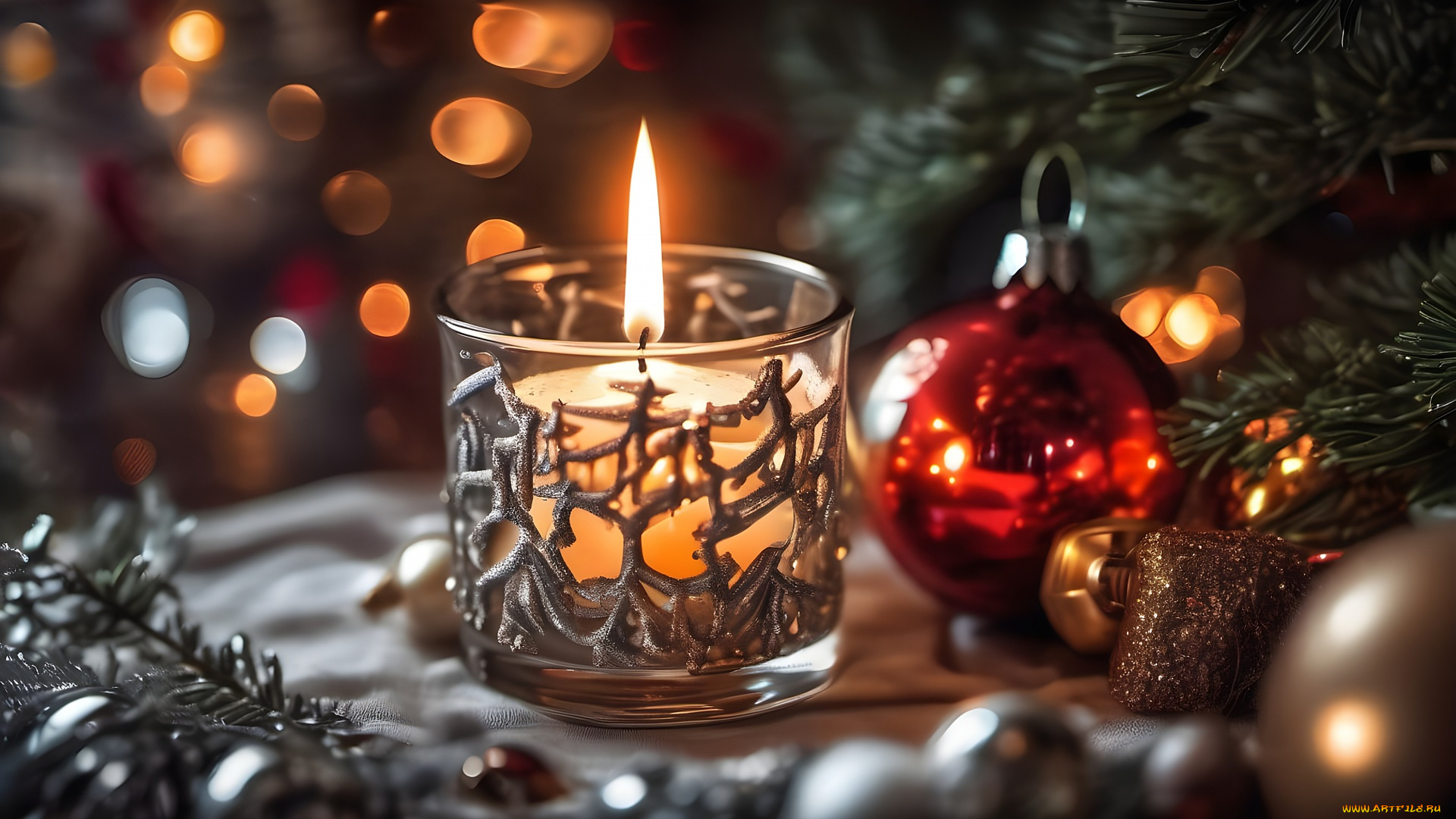 праздничные, новогодние, свечи, шарик, свеча, огонек, подсвечник