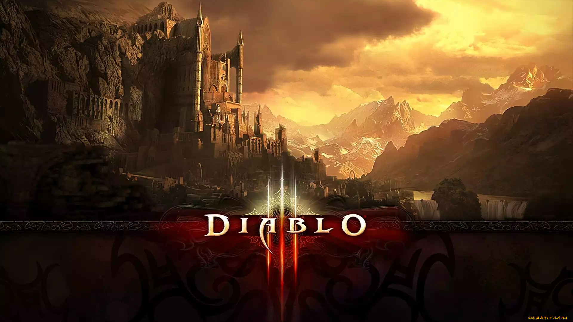 видео, игры, diablo, iii, замок, скала, горы, тучи