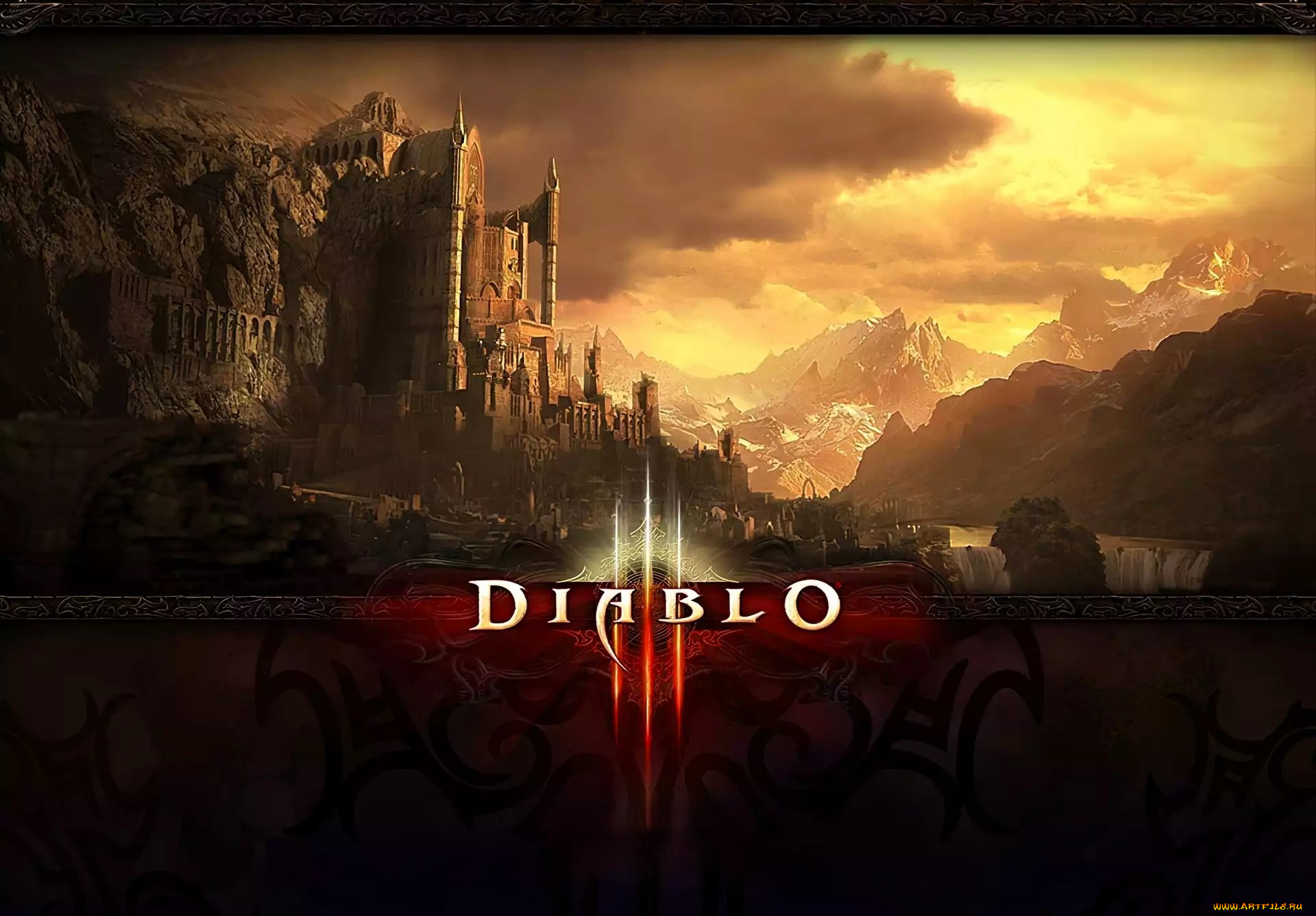 видео, игры, diablo, iii, замок, скала, горы, тучи