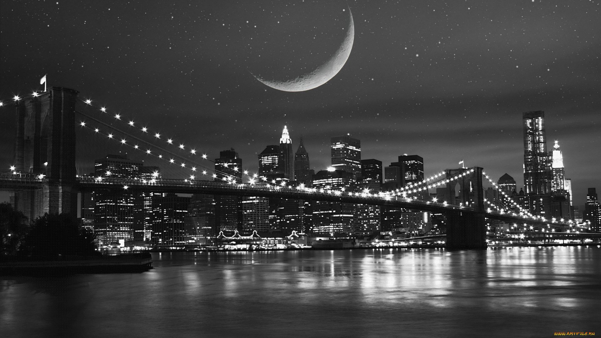 города, нью, йорк, сша, new, york, город, ночь, луна, река