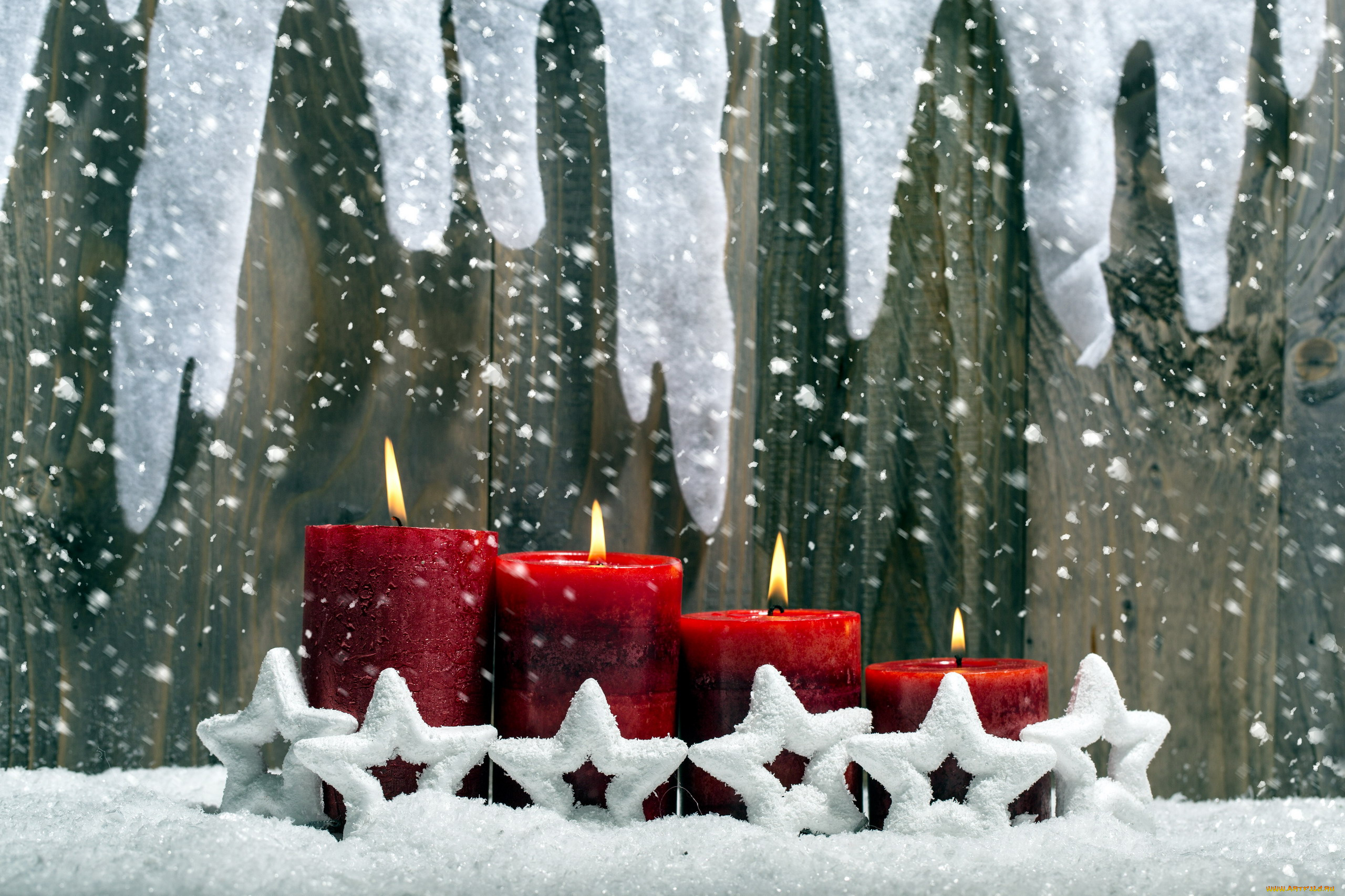 праздничные, новогодние, свечи, звездочки, свечи, снег