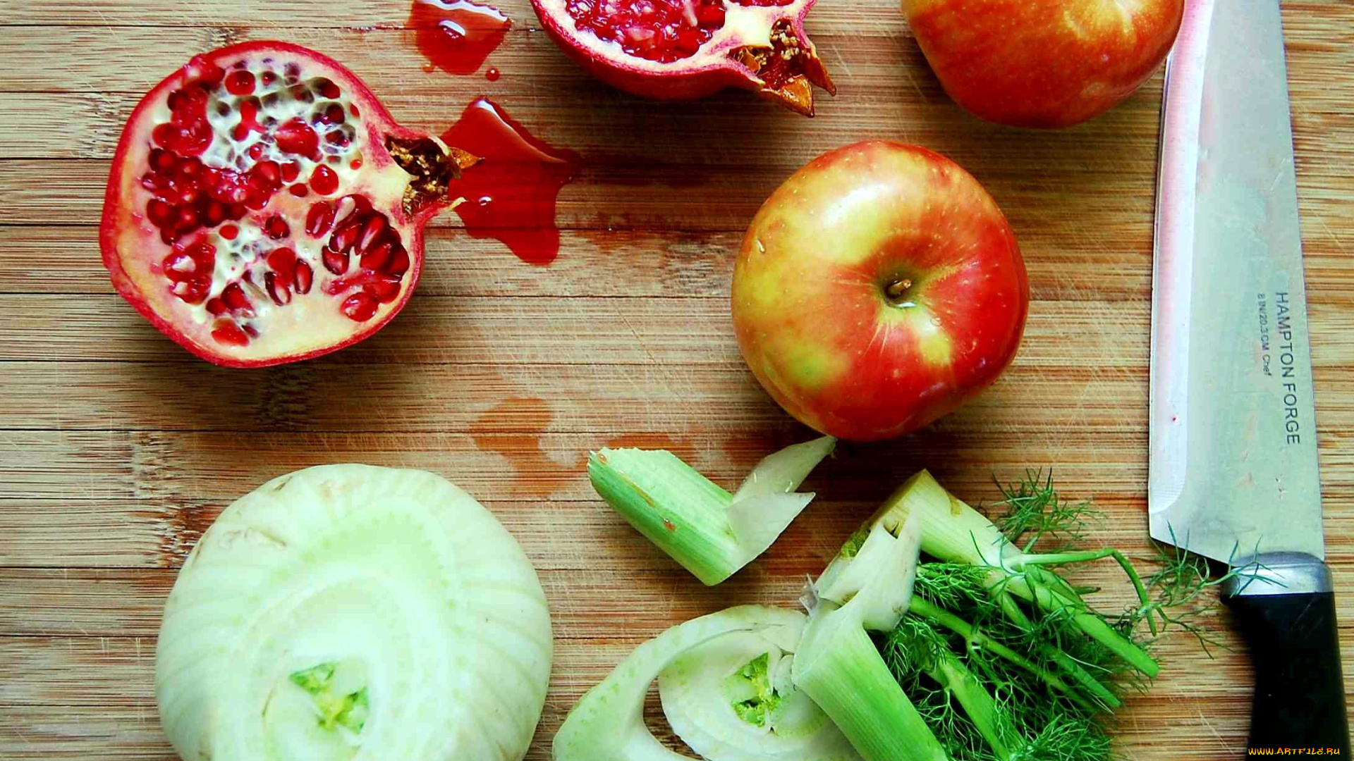 еда, фрукты, и, овощи, вместе, гранат, фенхель, яблоки, нож