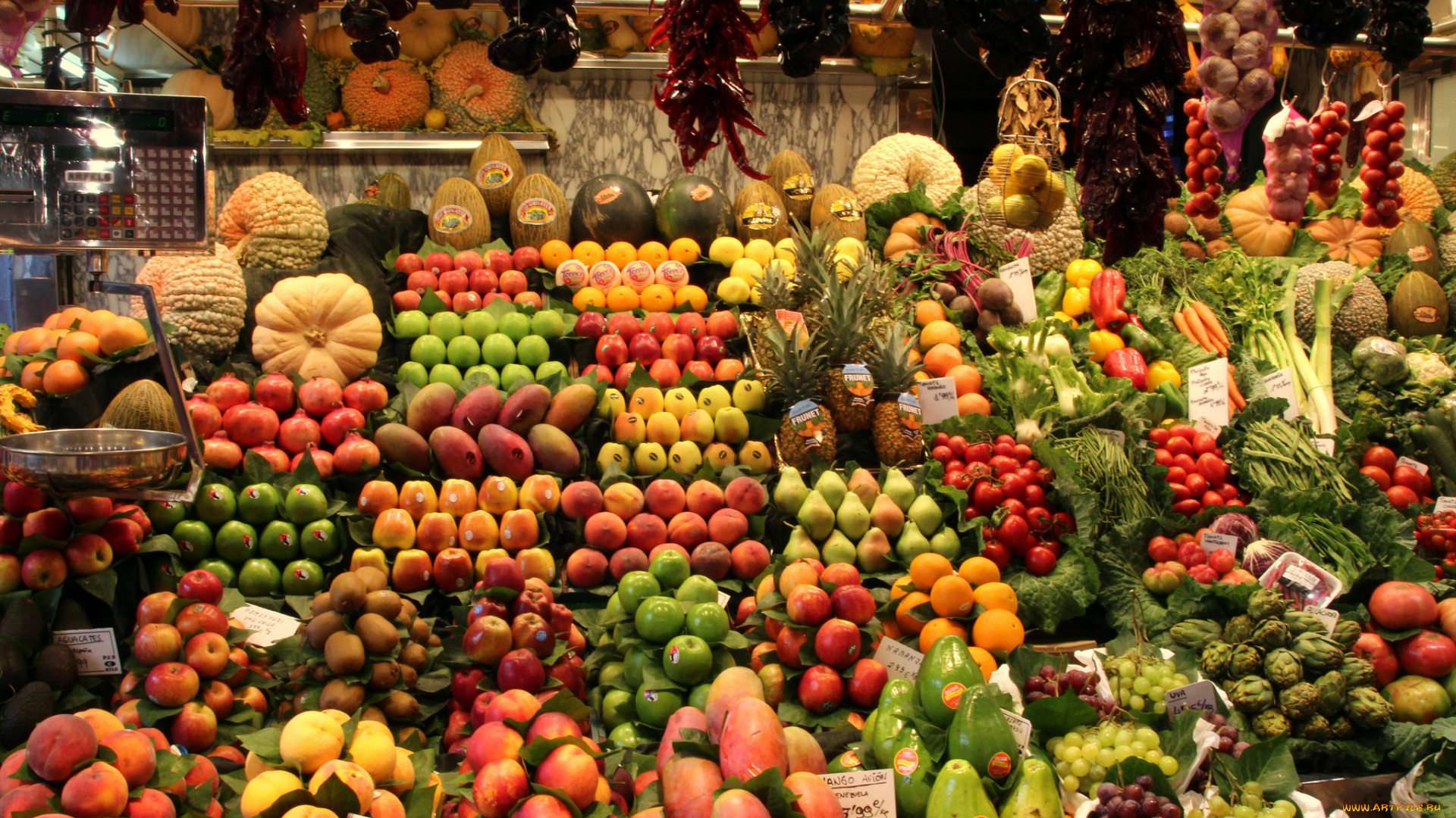 еда, фрукты, и, овощи, вместе, прилавок