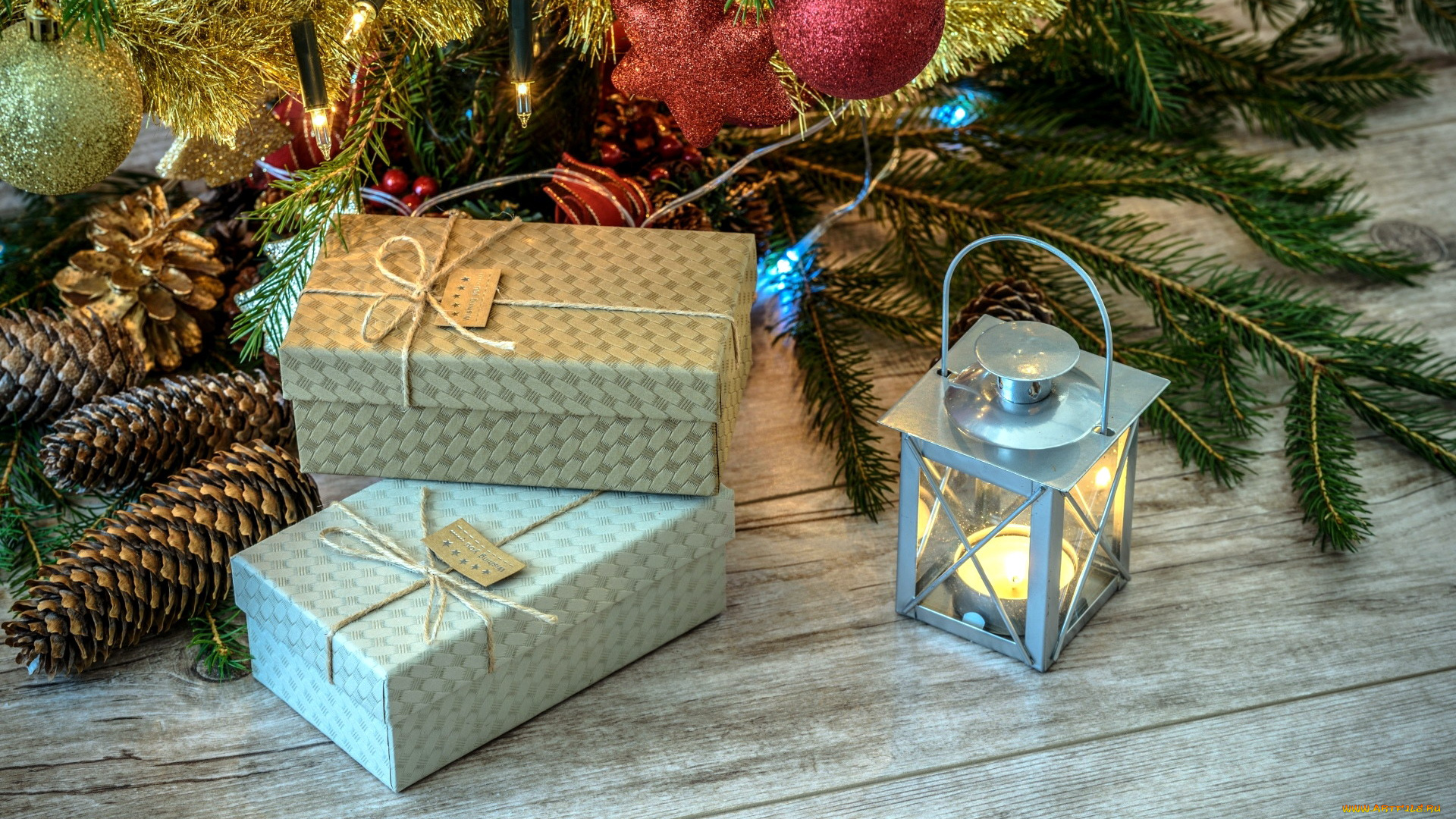 праздничные, подарки, и, коробочки, коробки, подарки, свеча, шишки, елка