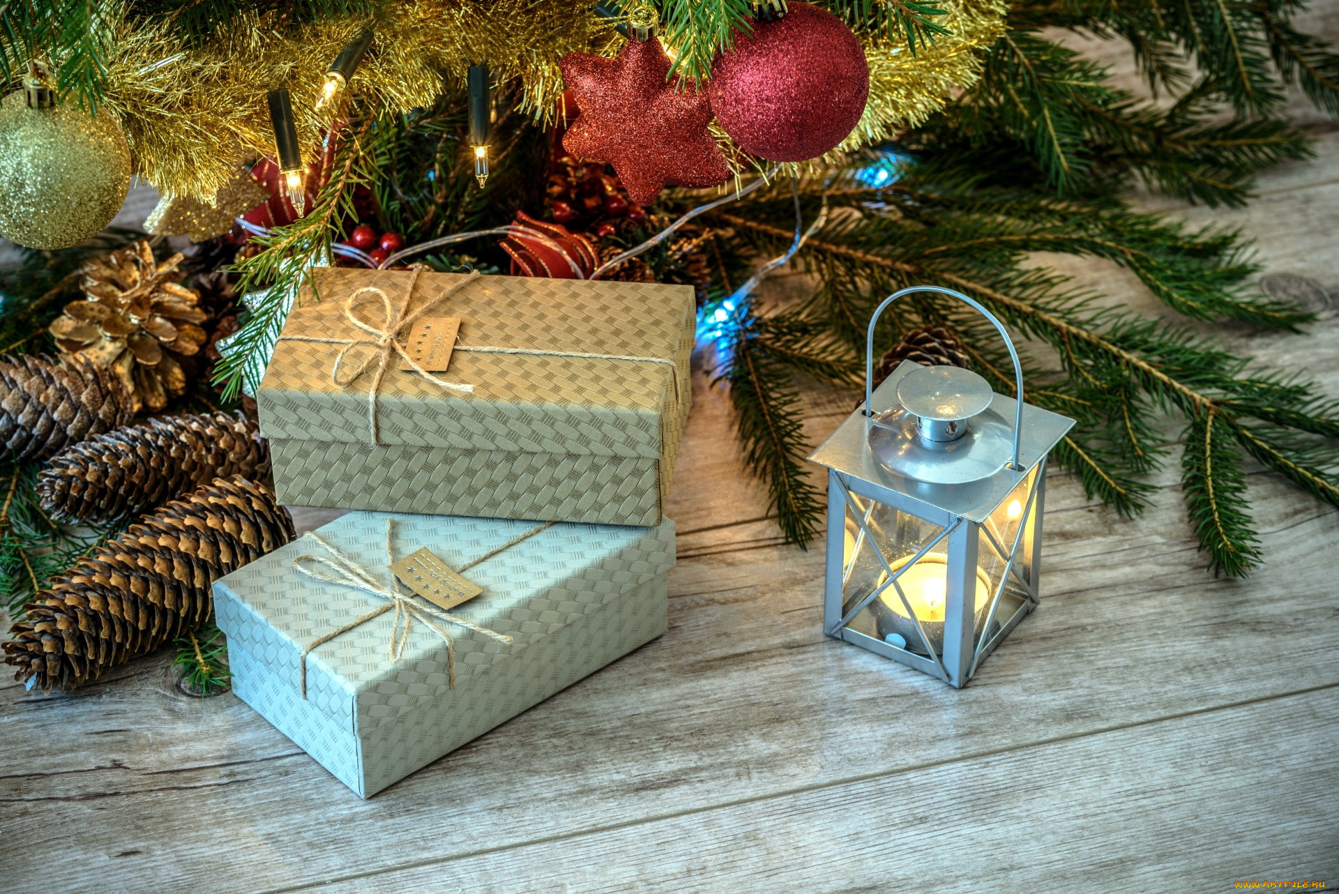 праздничные, подарки, и, коробочки, коробки, подарки, свеча, шишки, елка