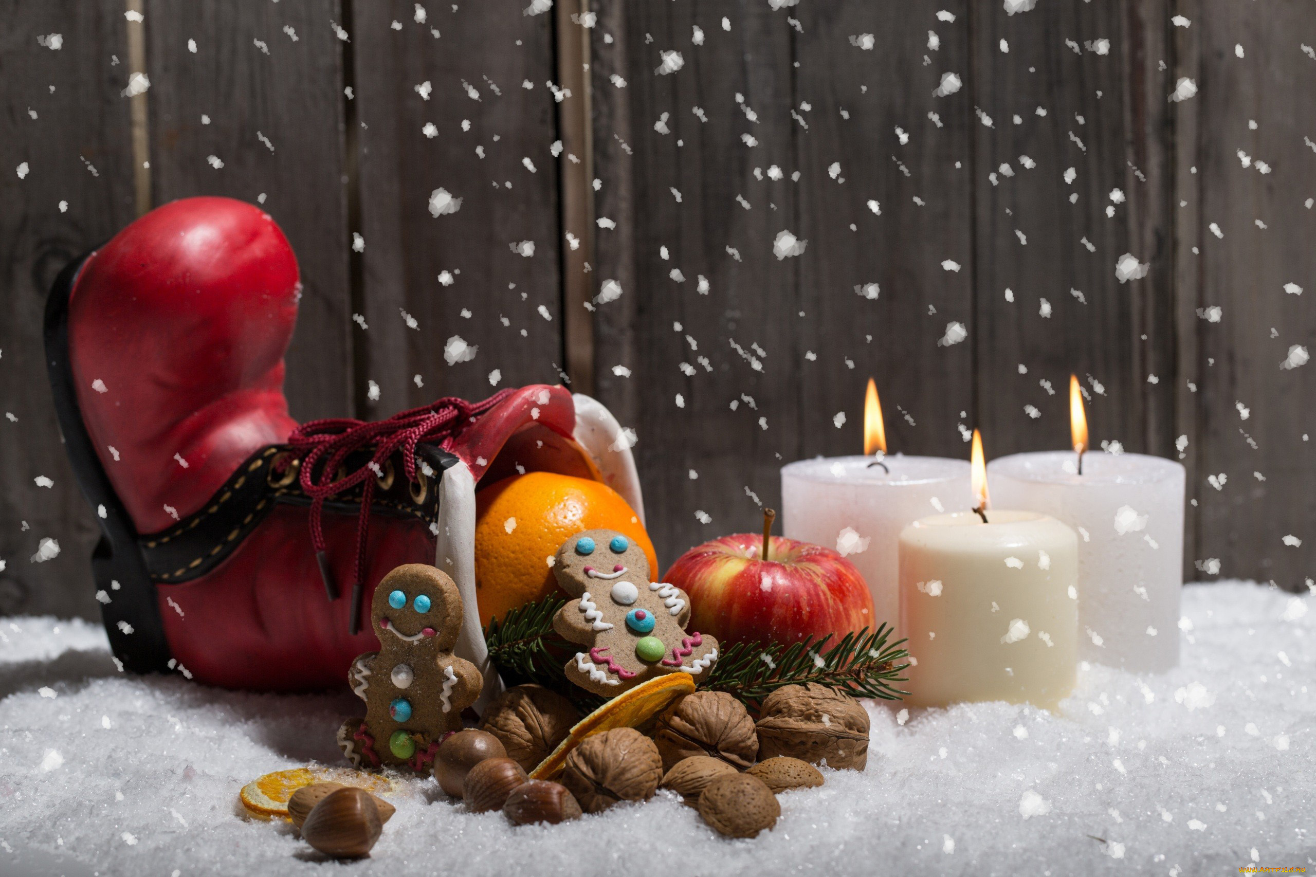 праздничные, -, разное, , новый, год, пряник, снег, сапог, свечи, орехи
