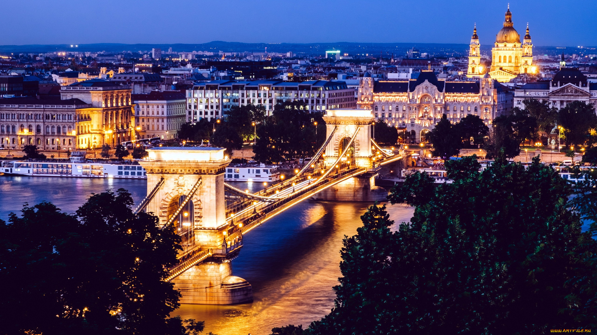 города, будапешт, , венгрия, мост, река, вечер