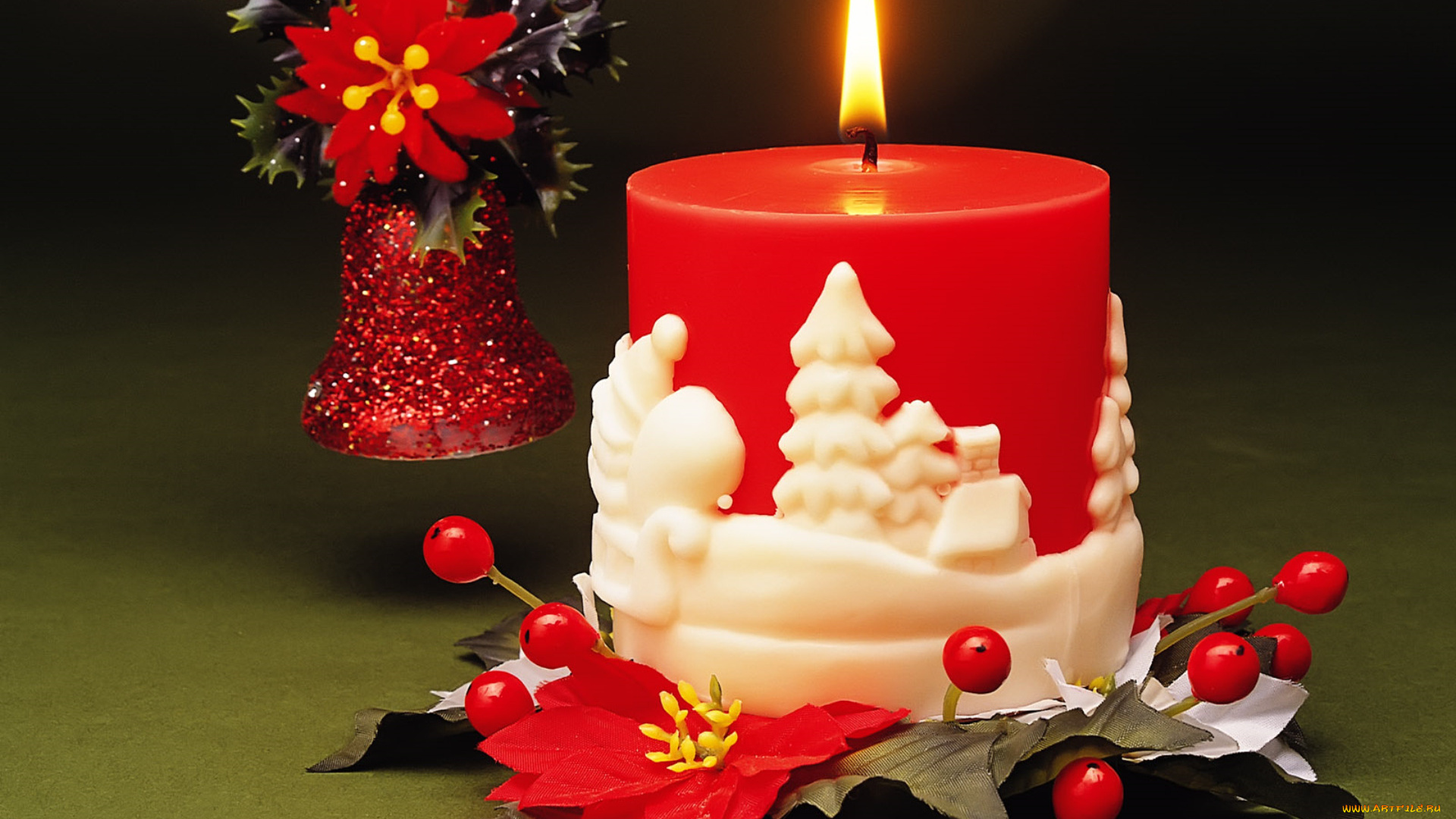 праздничные, новогодние, свечи, колокольчик, свеча, огонек