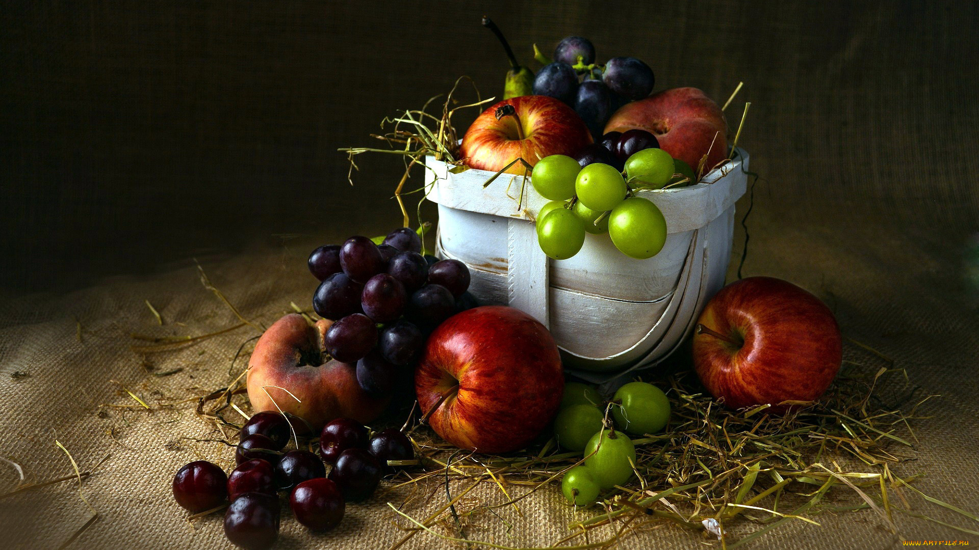еда, фрукты, , ягоды, корзинка, яблоки, виноград