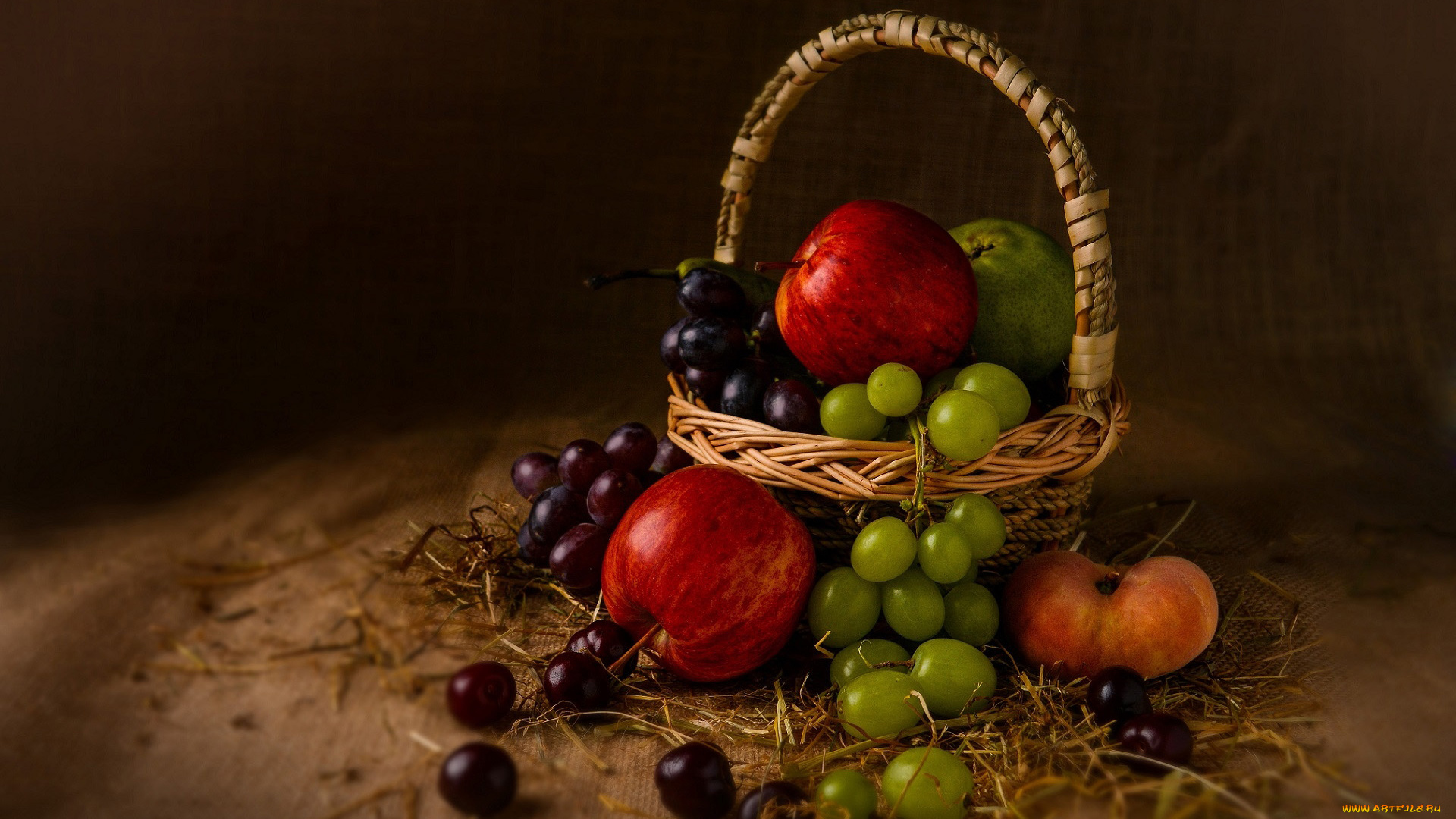 еда, фрукты, , ягоды, яблоки, виноград, корзинка