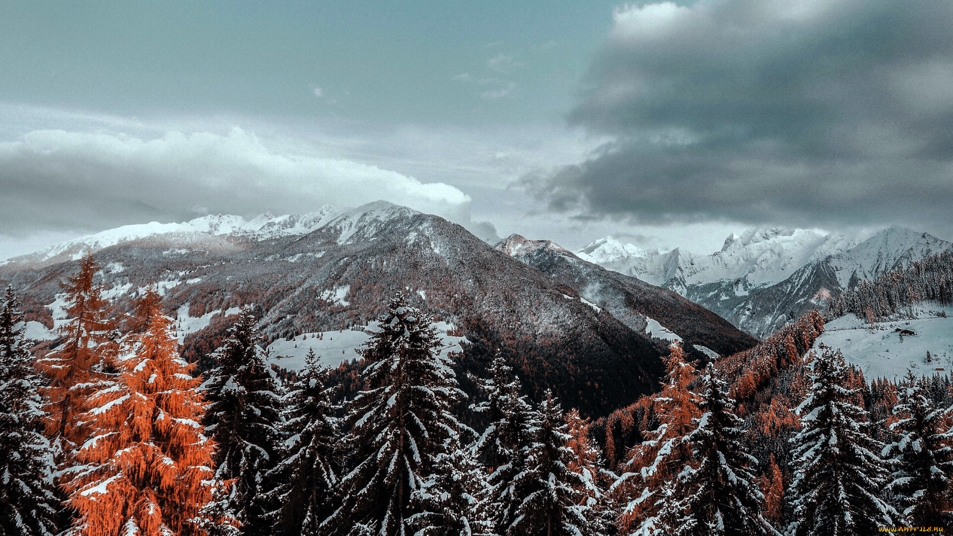 природа, горы, снег, тучи