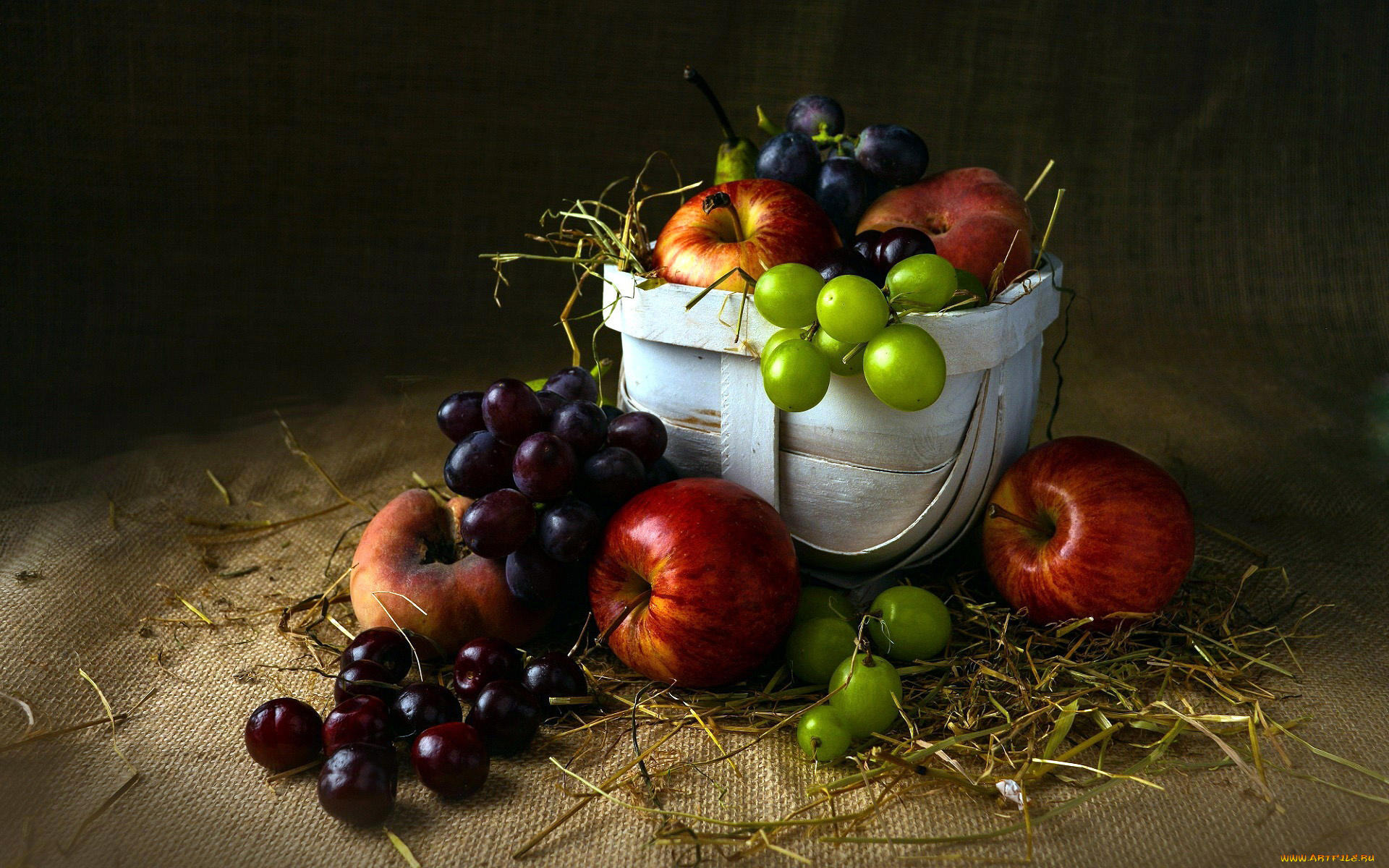 еда, фрукты, , ягоды, корзинка, яблоки, виноград