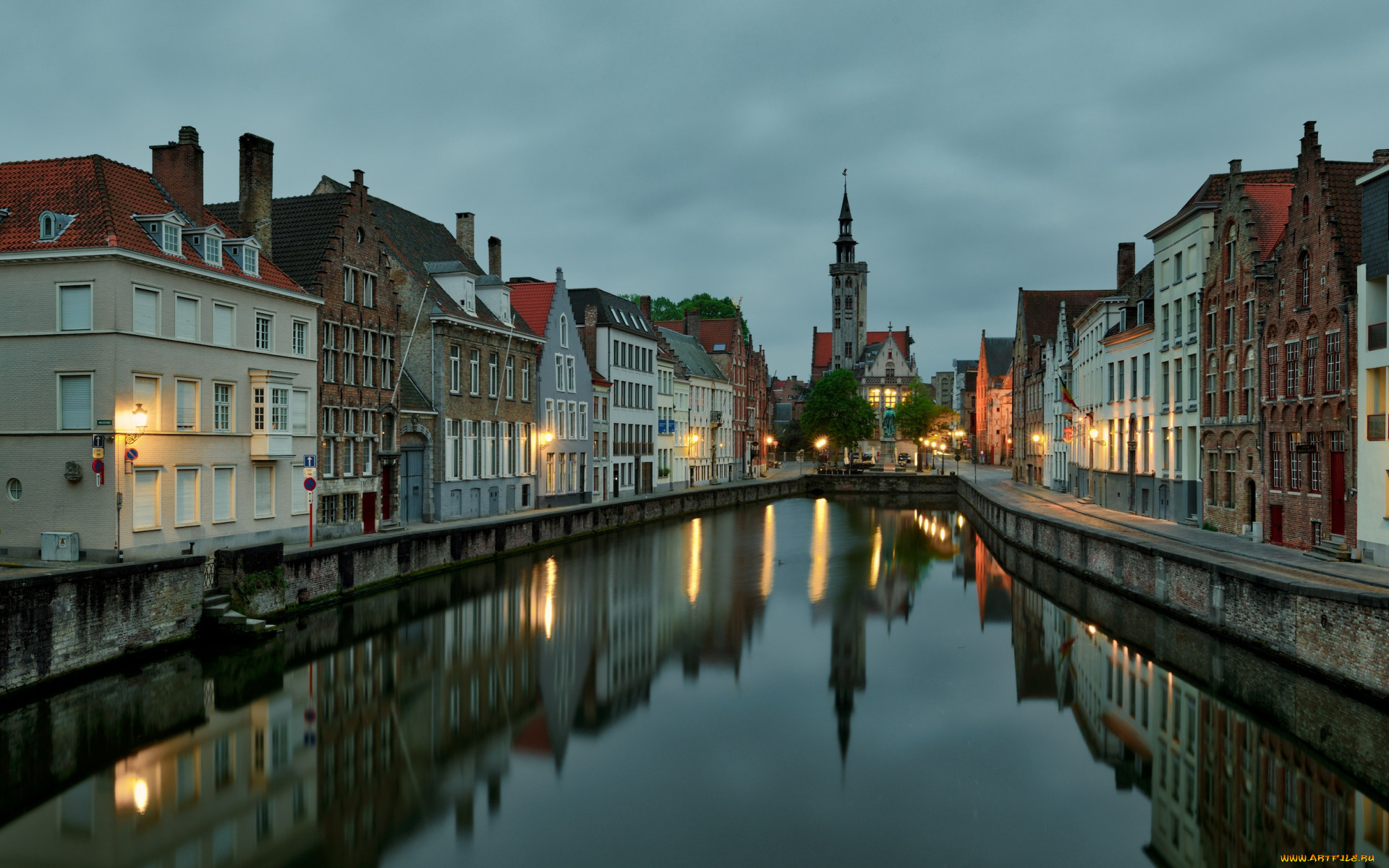 города, -, улицы, , площади, , набережные, западная, фландрия, церковь, город, закат, вечер, брюгге, фламандский, регион, бельгия