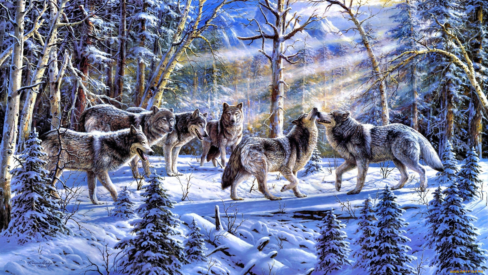 рисованное, животные, , волки, волки, стая, лес, снег, зима
