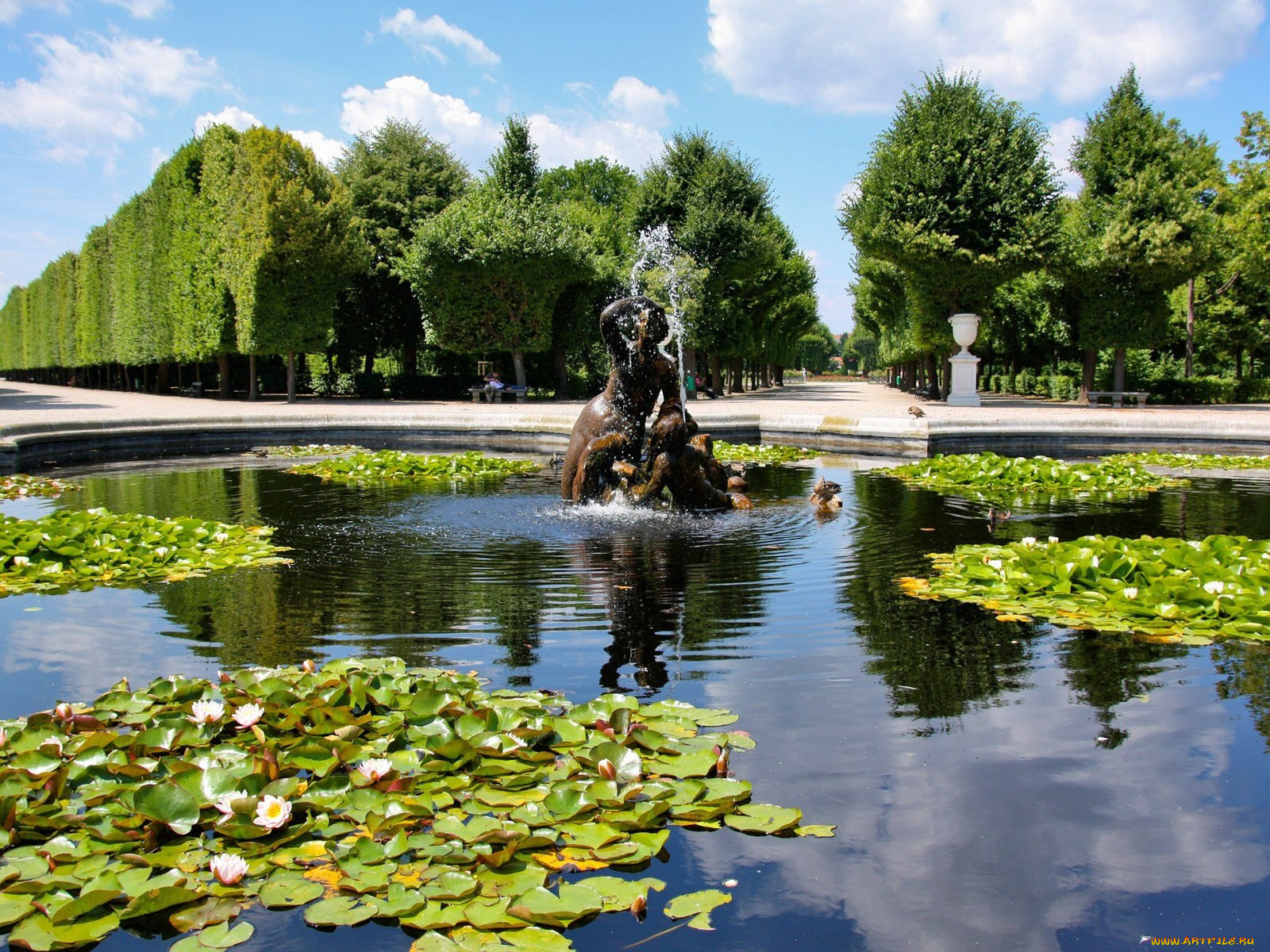 природа, парк, лилии, фонтан, скульптура