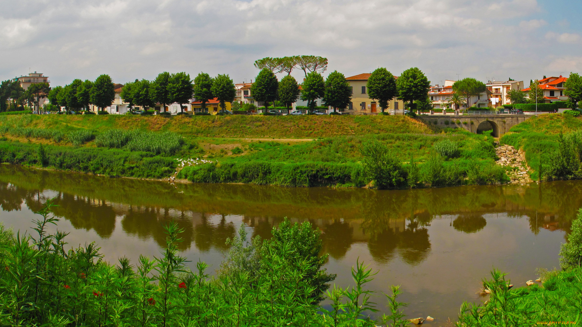 италия, тоскана, empoli, города, пейзажи, дома, река, мост