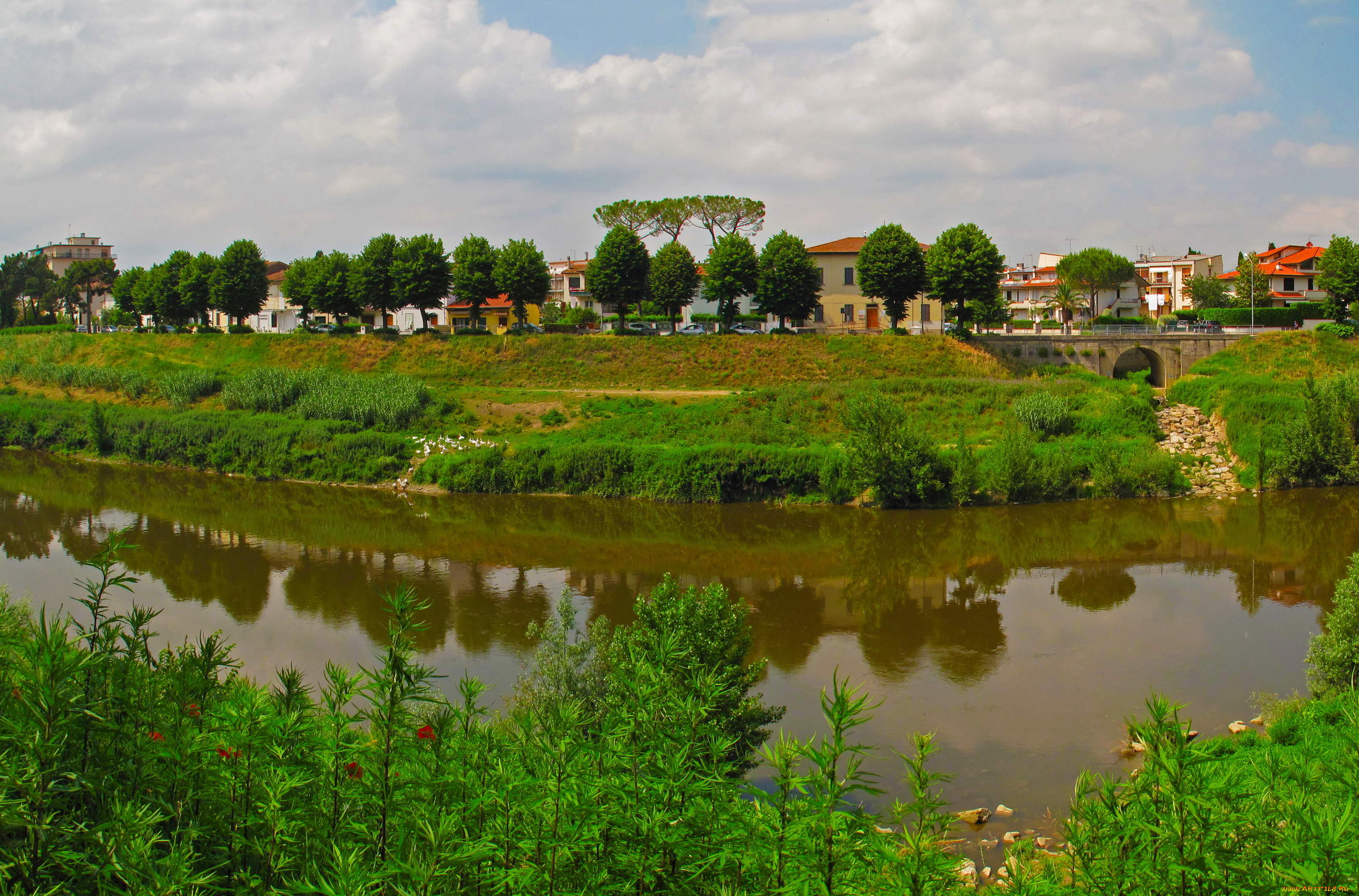 италия, тоскана, empoli, города, пейзажи, дома, река, мост