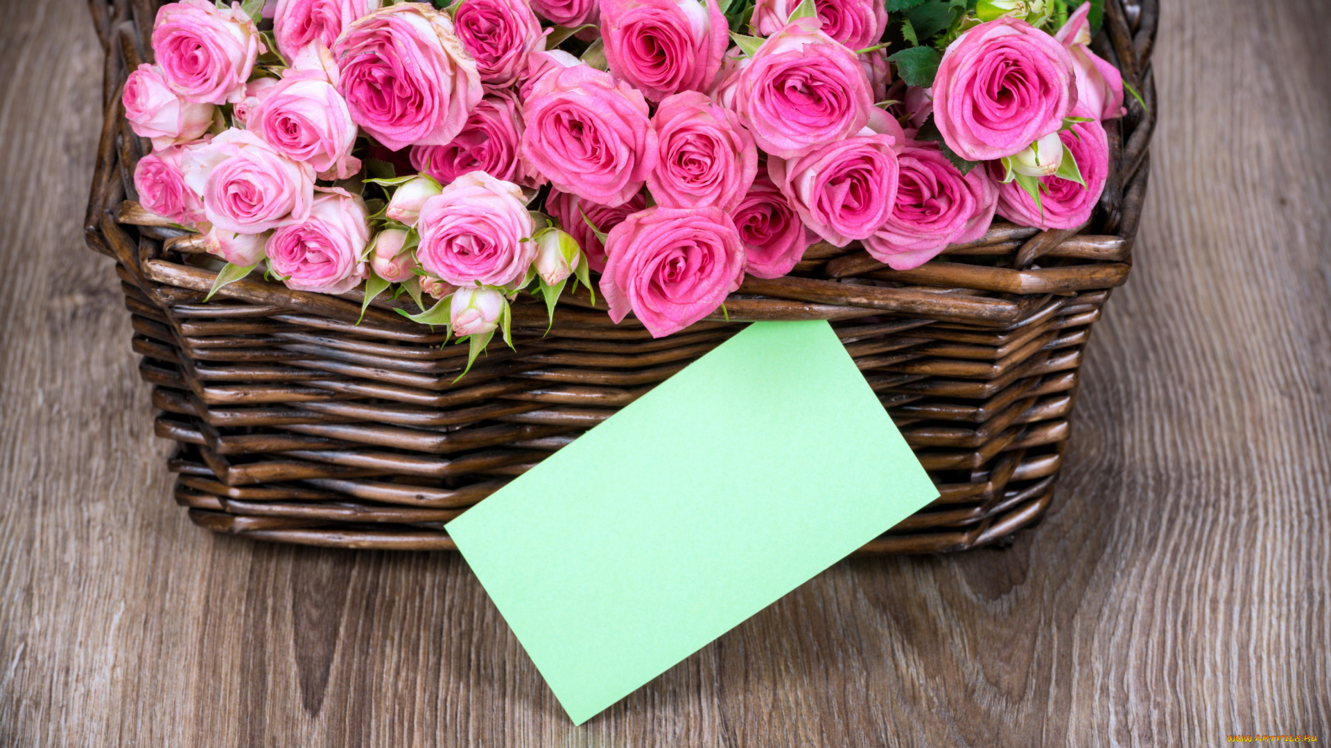 цветы, розы, записка, корзинка
