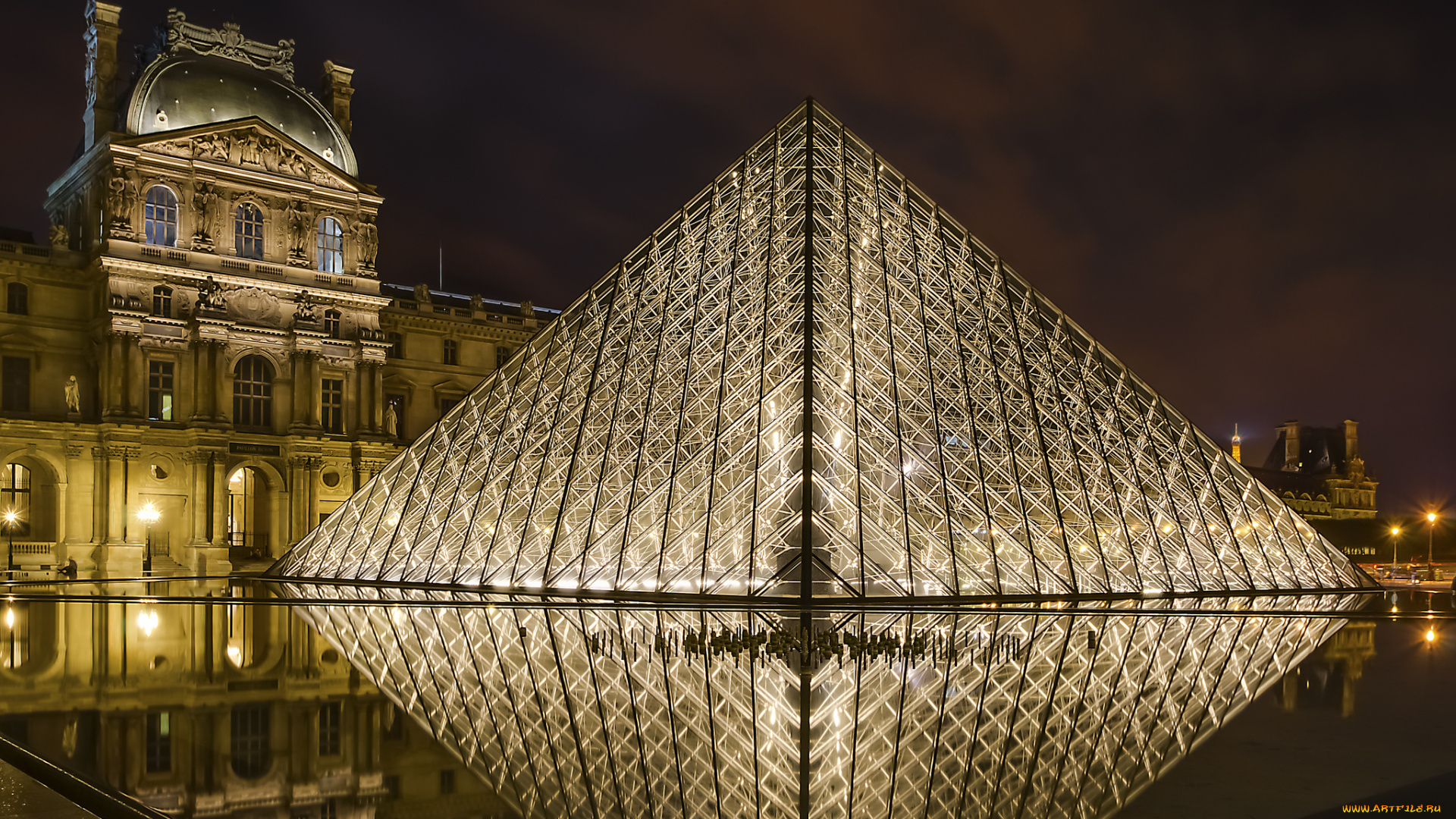 louvre, pyramid, города, париж, , франция, площадь, ночь, дворец, пирамида