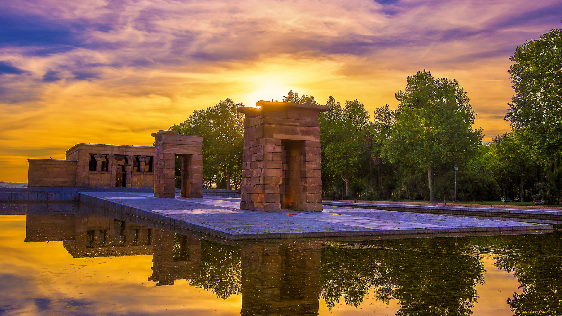 temple, of, debod, and, the, wild, sunset, города, мадрид, , испания, водоем, храм