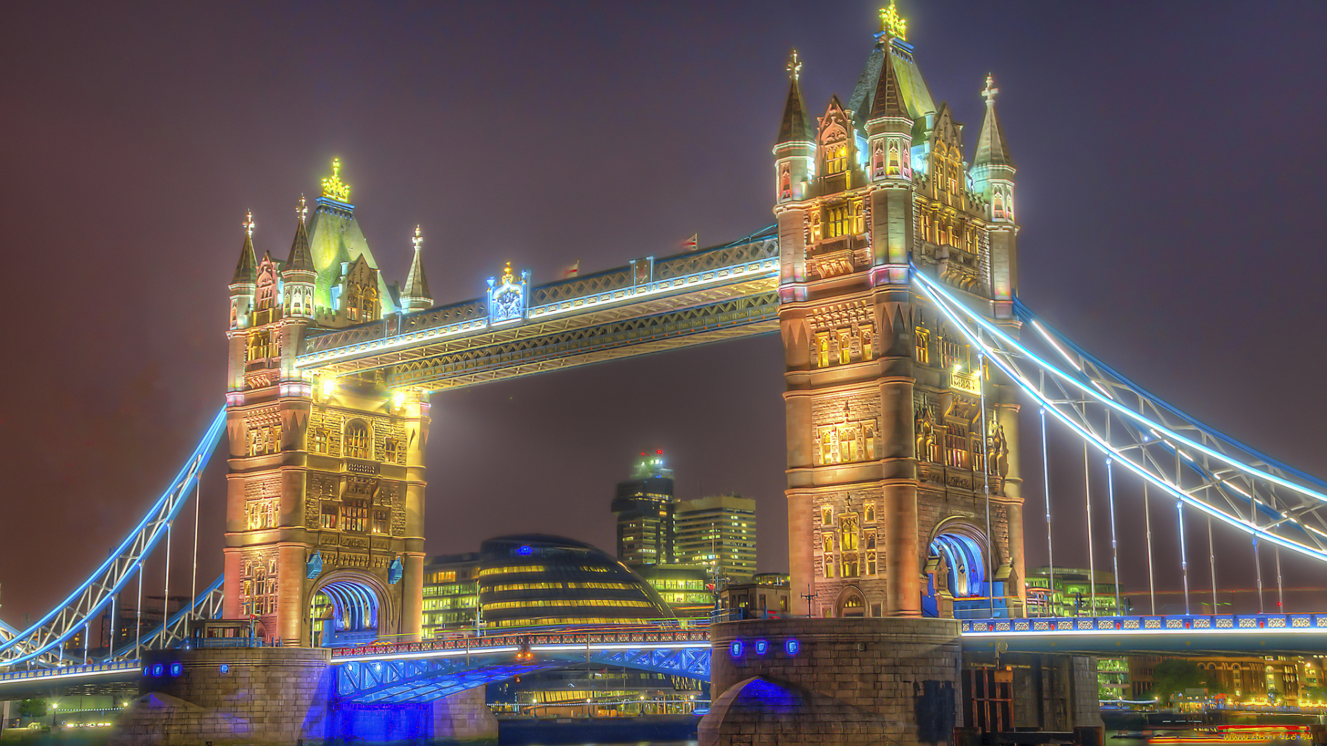 tower, bridge, at, darkest, night, города, лондон, , великобритания, ночь, река, мост, огни