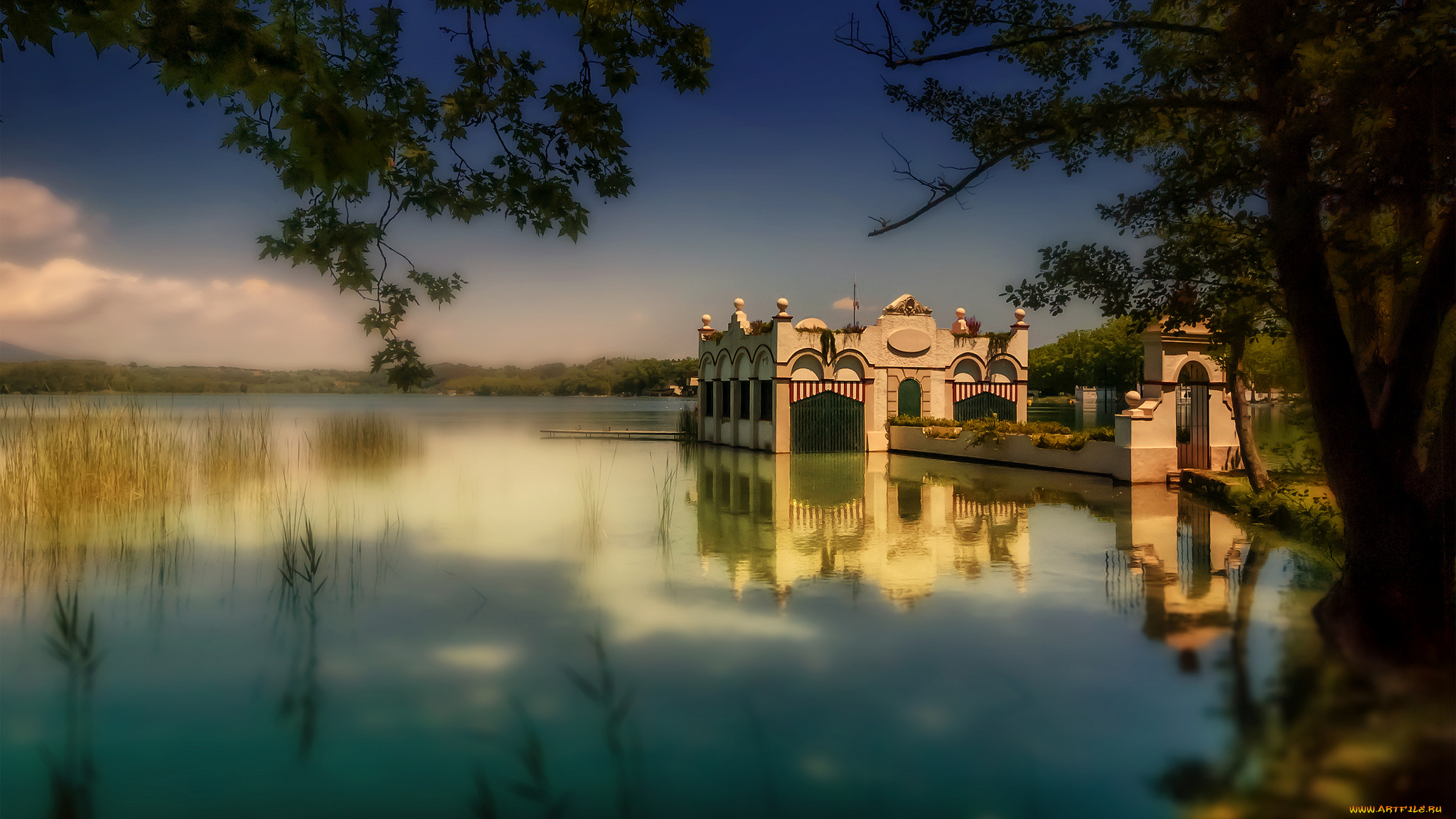 lago, de, banyoles, города, -, пейзажи, озеро, здание