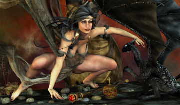 Картинка 3д+графика фантазия+ fantasy фон девушка взгляд дракон