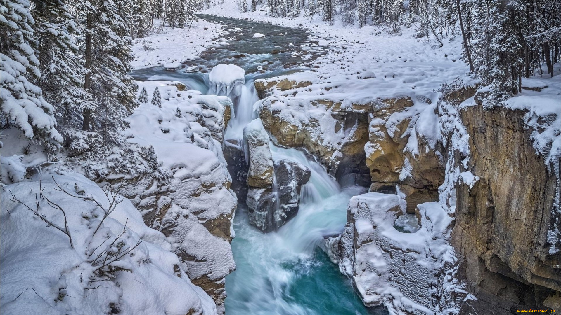 природа, водопады, снег, камни, река, зима