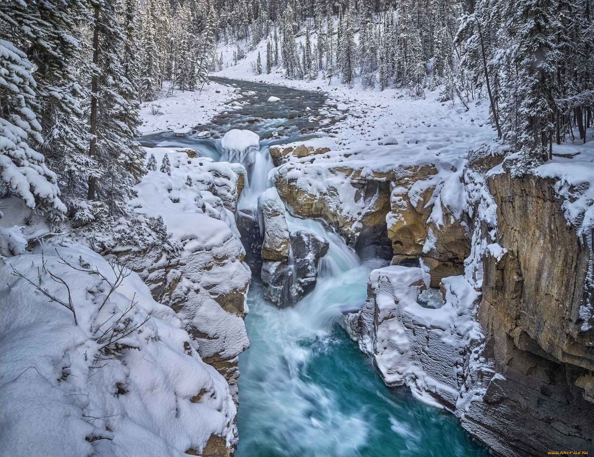 природа, водопады, снег, камни, река, зима