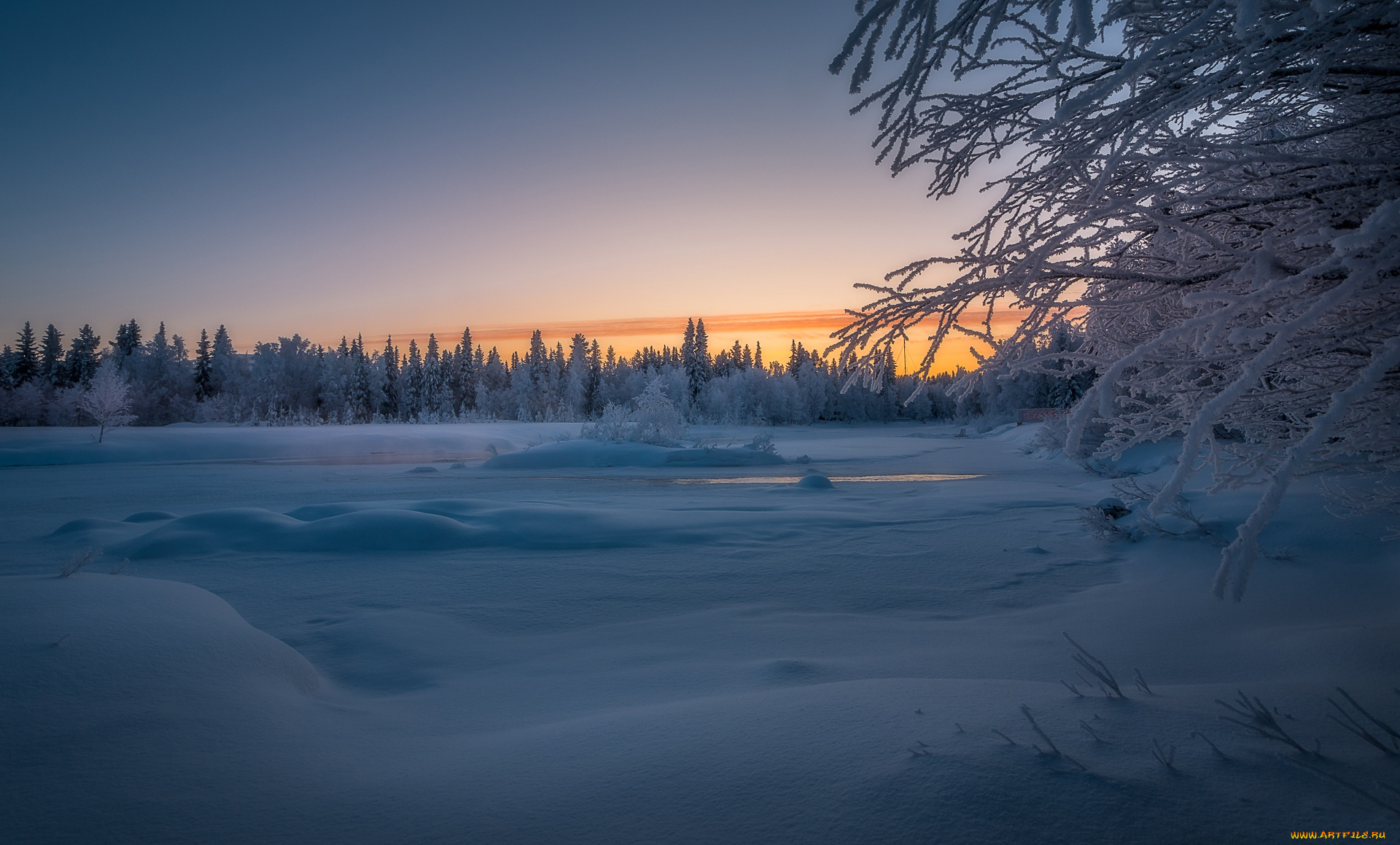 природа, зима, финляндия, лес, river, lapland, лапландия, закат, деревья, снег, finland, река