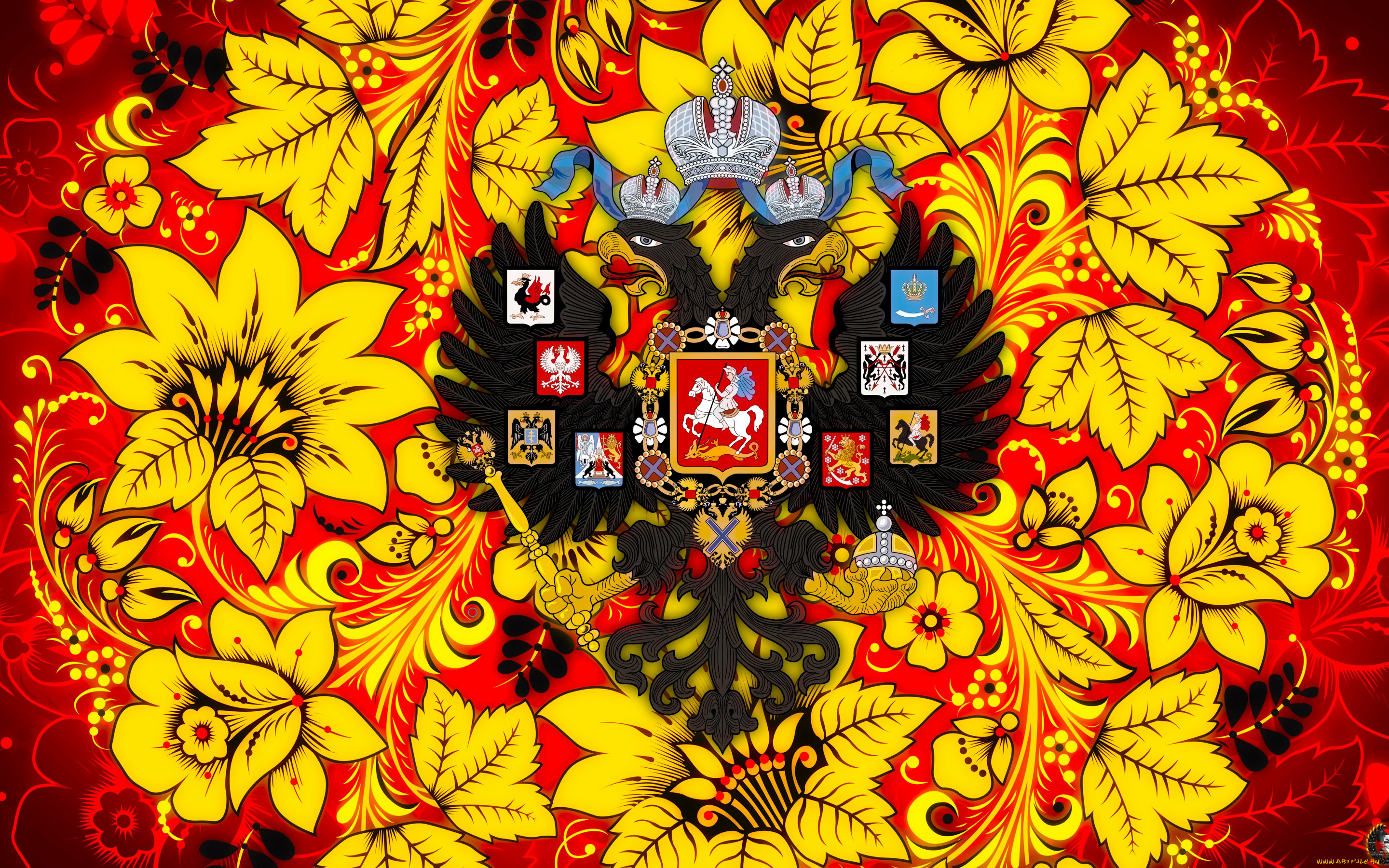 разное, флаги, , гербы, стиль, цветы, двуглавый, орёл, хохлома, арт, роспись, россия, орел, фон