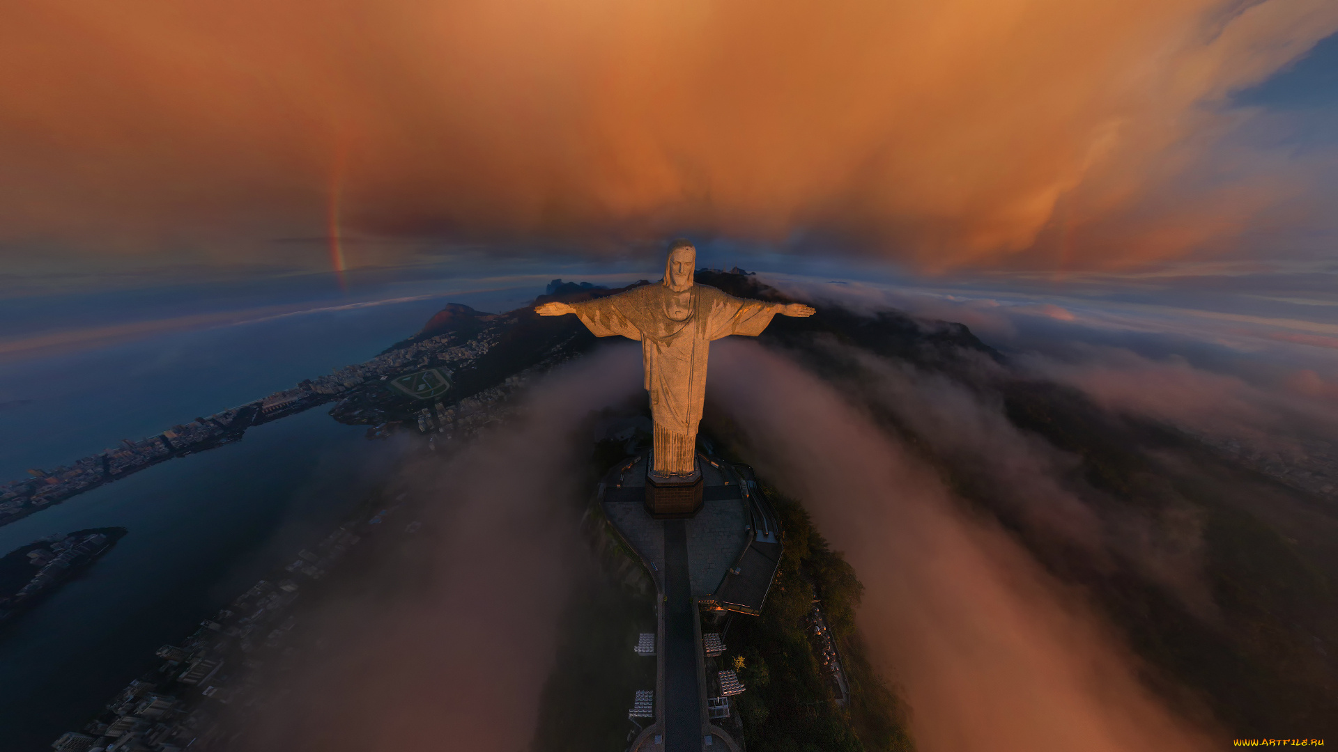 рио, де, жанейро, города, бразилия, панорама, облака, туман, статуя, христа