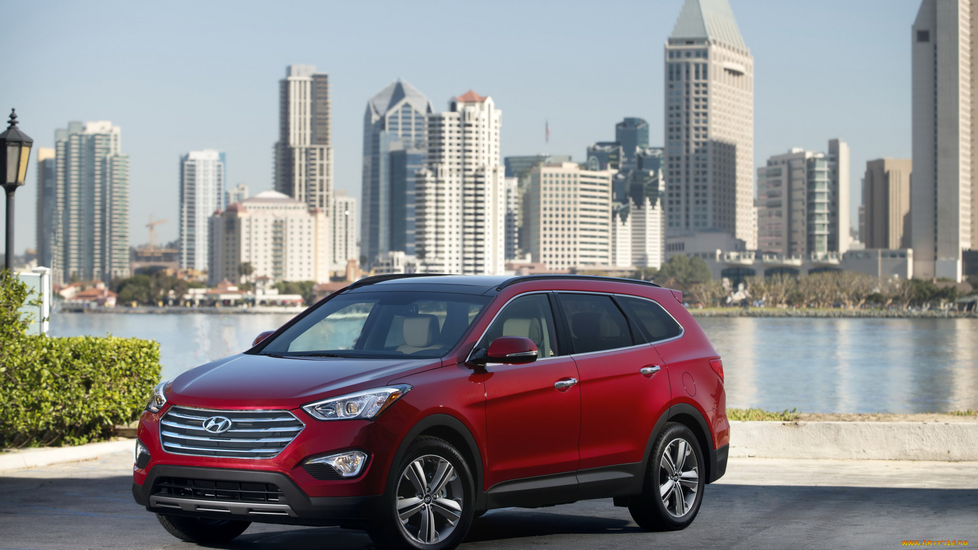 2014, hyundai, santa, fe, lwb, автомобили, hyundai, дома, река, красный, santa, fe