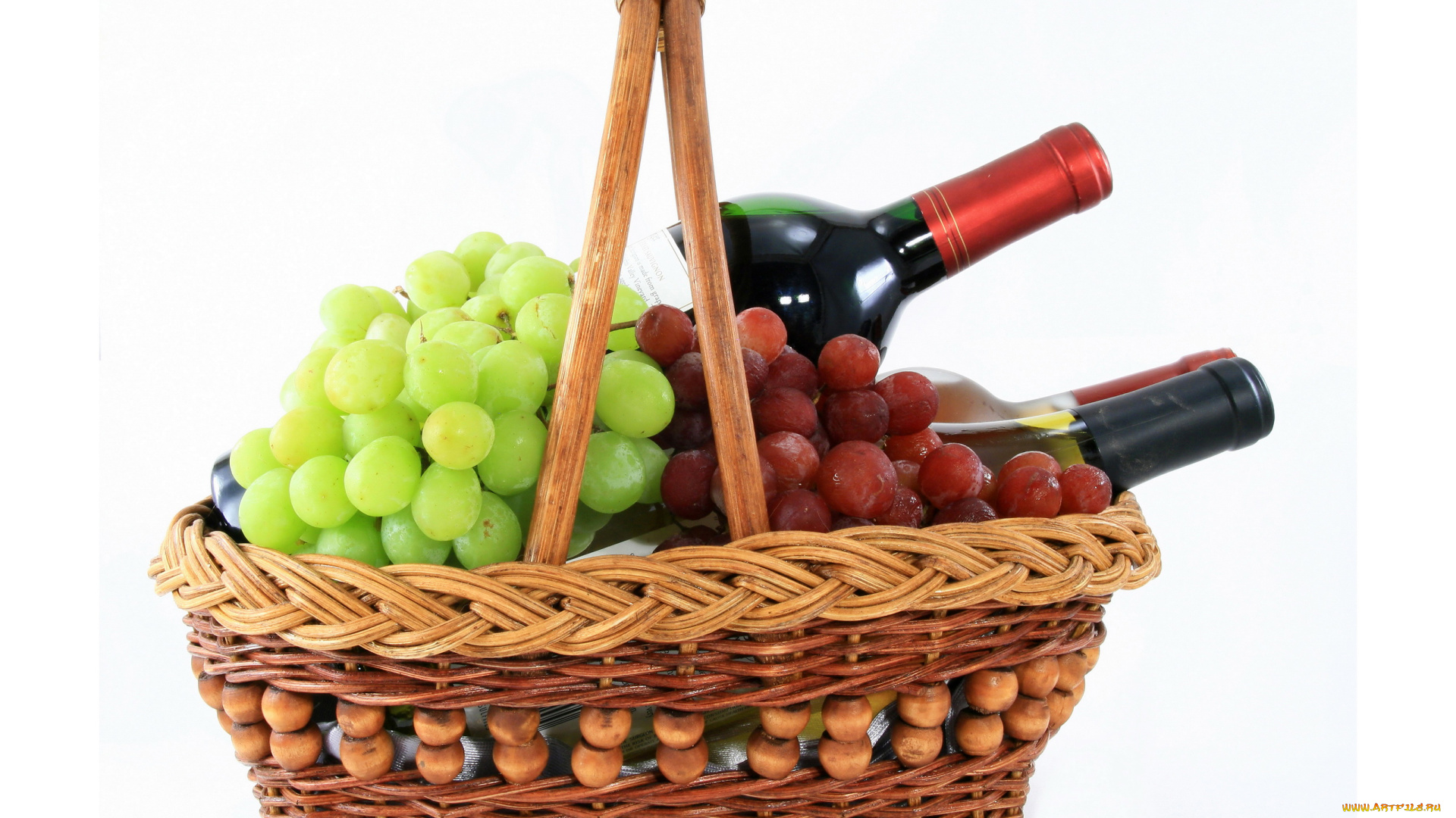еда, виноград, корзинка, вино, бутылки