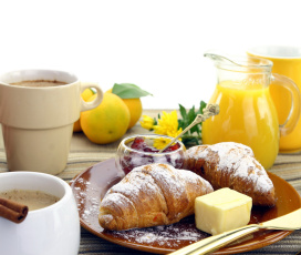 Картинка еда разное сок лимоны круассаны кофе джем