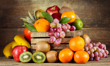обоя еда, фрукты,  ягоды, яблоки, апельсины, мандарины, киви, виноград, ящик, ьананы