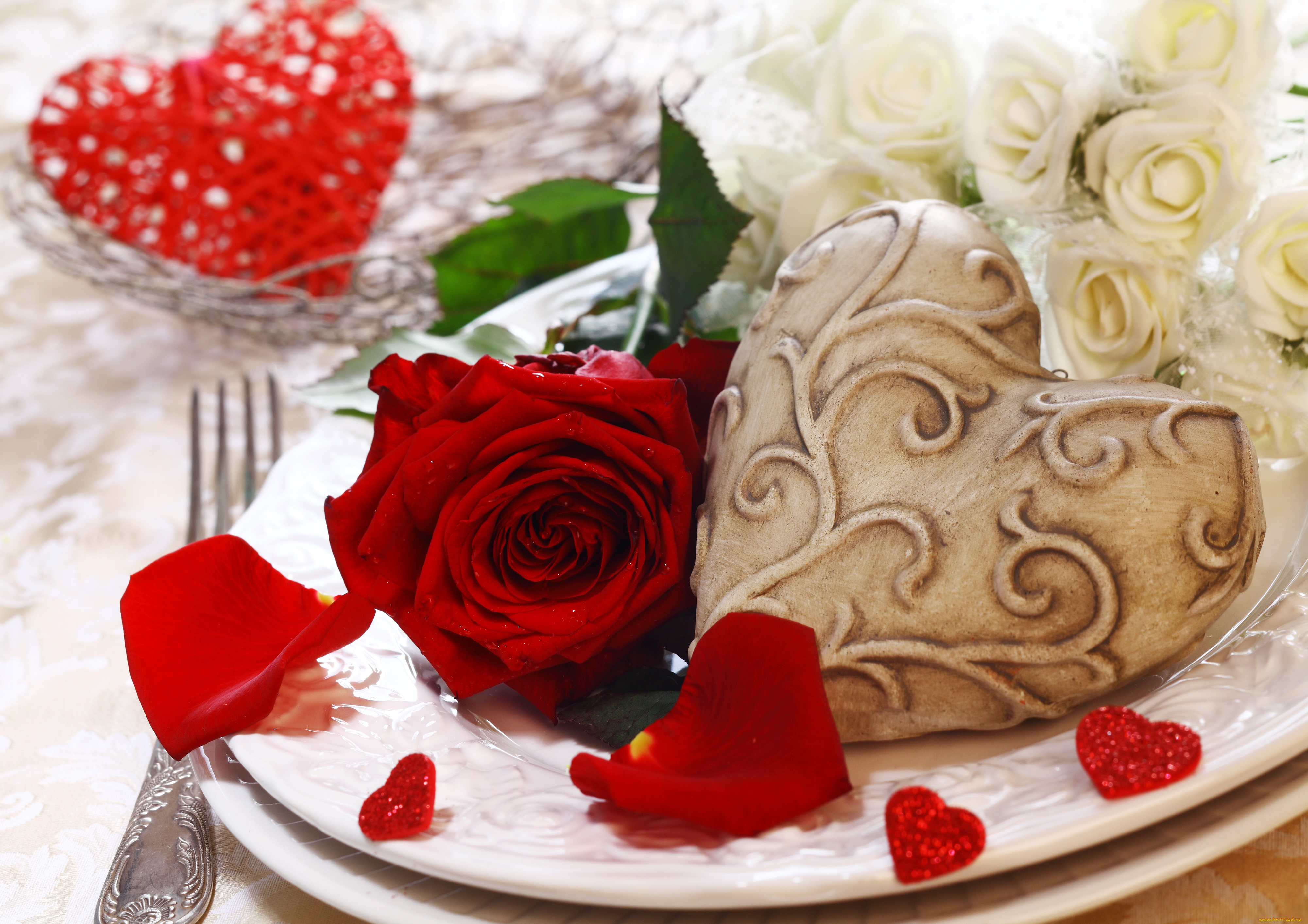 праздничные, день, святого, валентина, , сердечки, , любовь, тарелка, сердце, роза