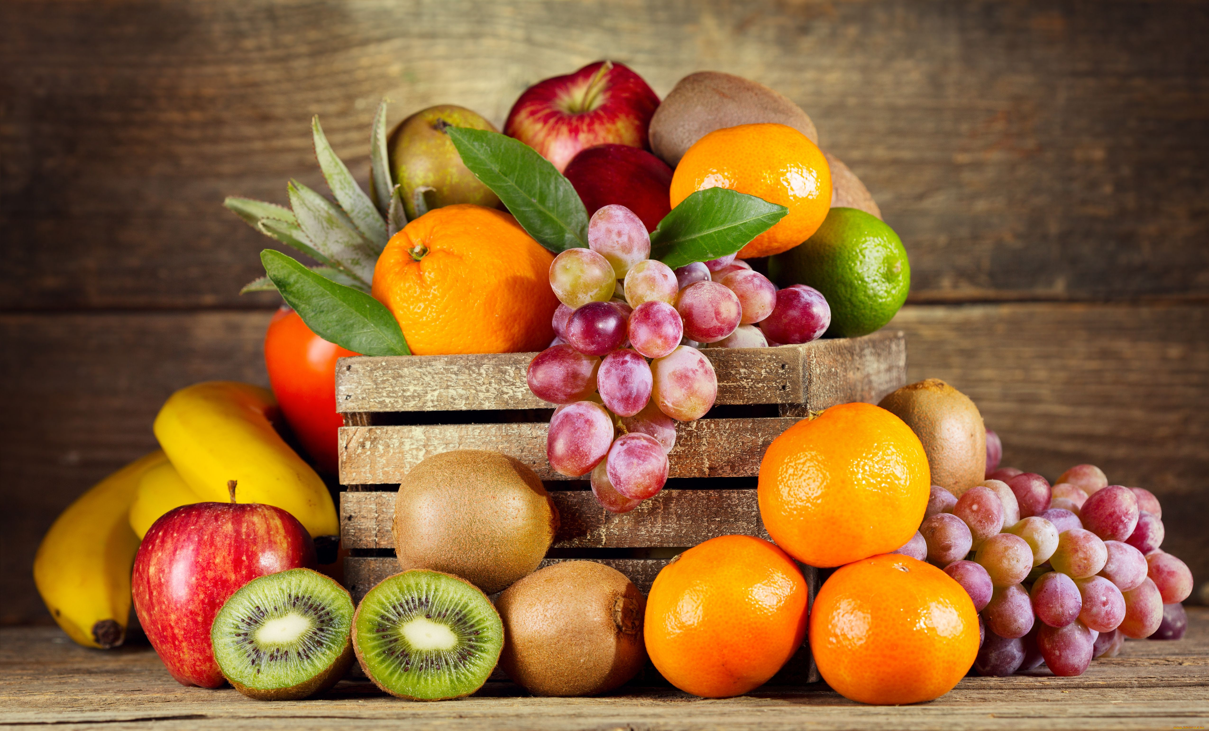 еда, фрукты, , ягоды, яблоки, апельсины, мандарины, киви, виноград, ящик, ьананы