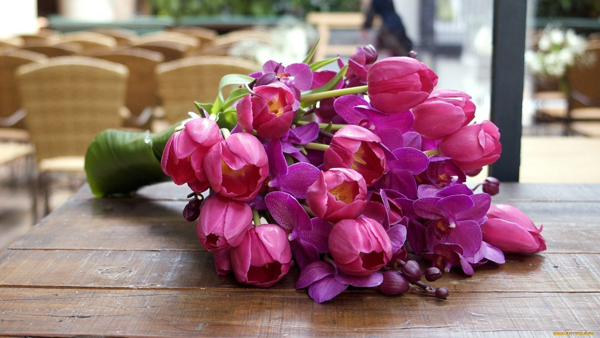 цветы, букеты, , композиции, тюльпаны, орхидеи, бутоны, цвет, розовый, яркий, насыщенный, листья, лепестки