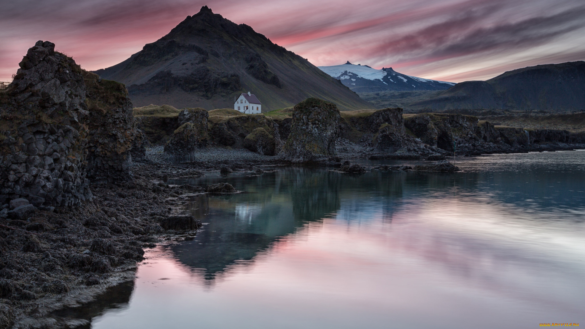 природа, пейзажи, горы, небо, закат, домик, исландия, вечер, отражение, озеро