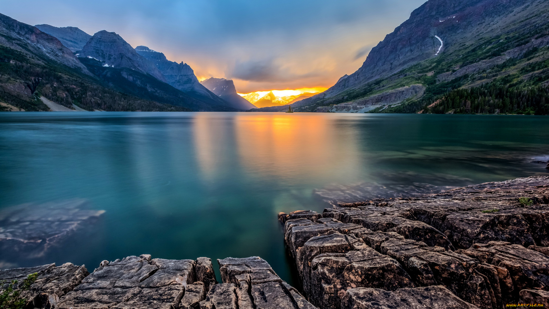 st, , mary, lake, , glacier, national, park, сша, природа, реки, озера, закат, озеро, горы, парк