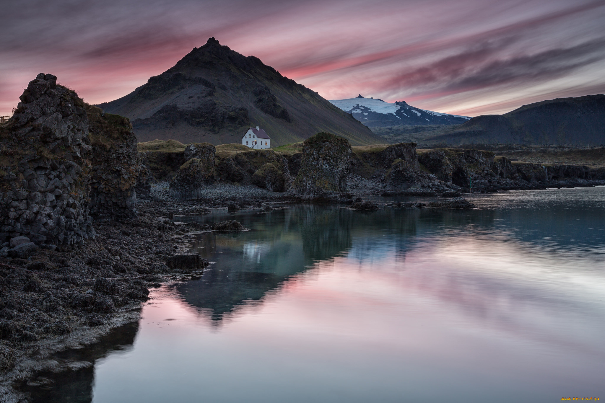 природа, пейзажи, горы, небо, закат, домик, исландия, вечер, отражение, озеро