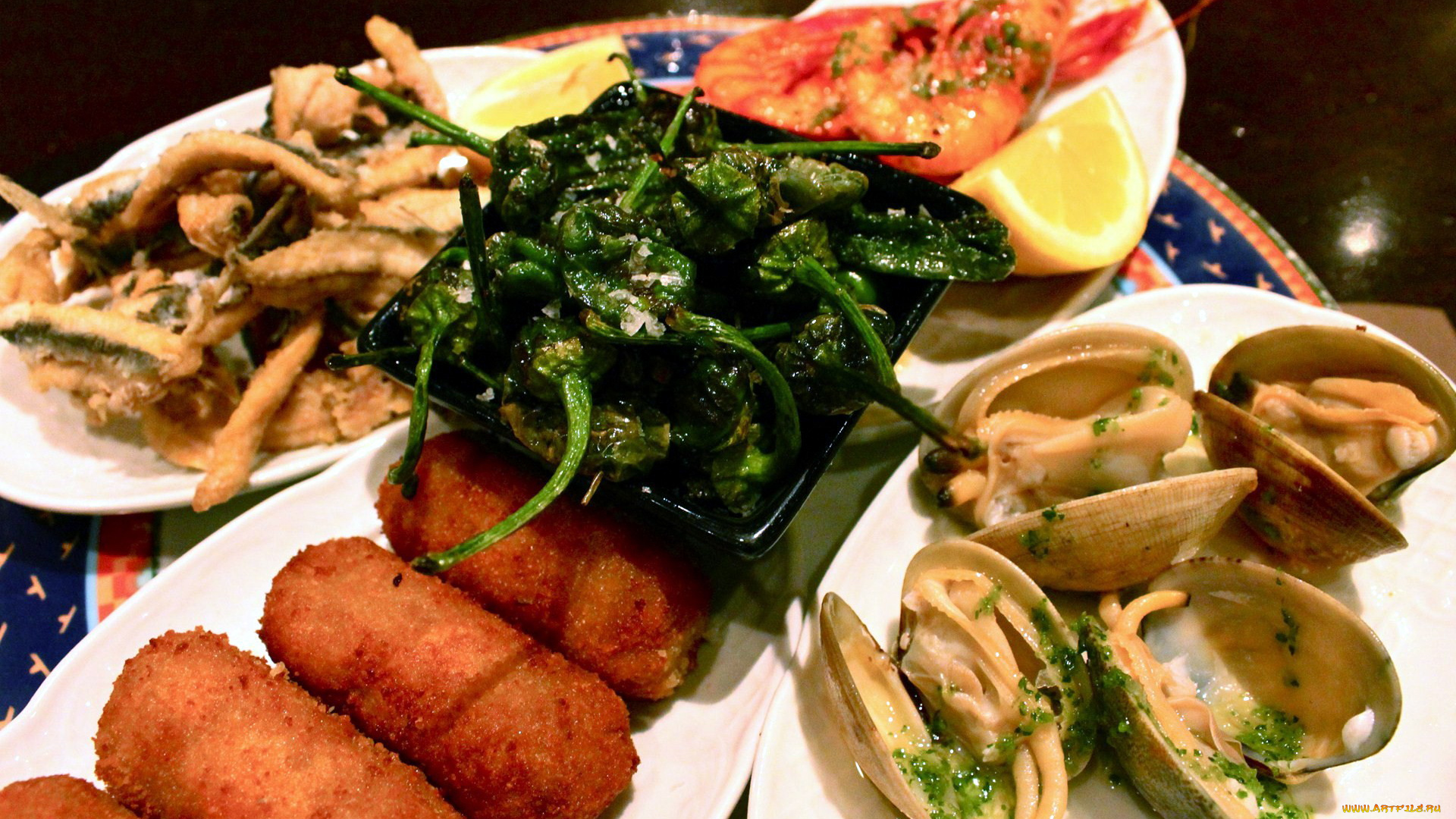 еда, рыбные, блюда, , с, морепродуктами, креветки, мидии